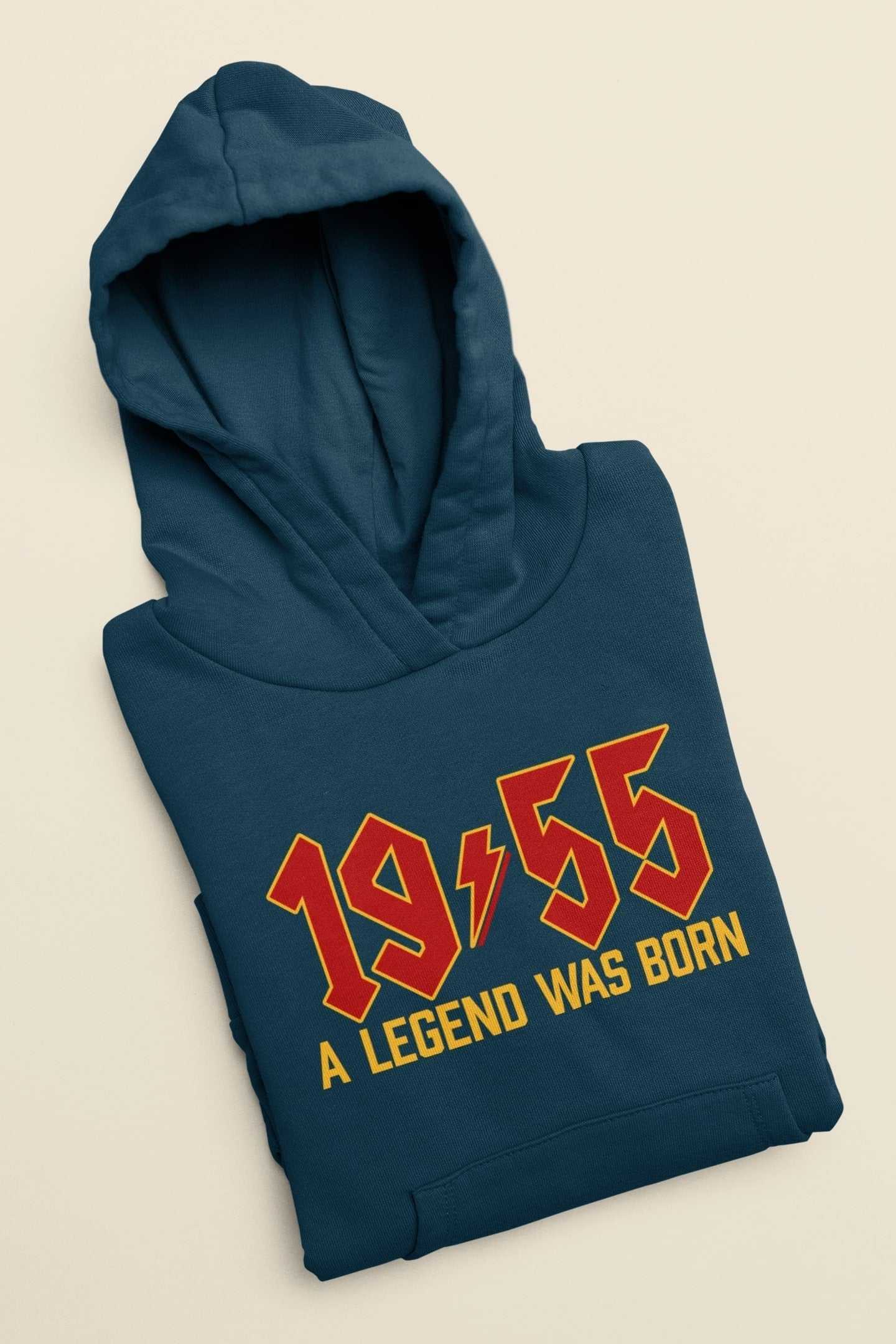 1955 "A Legend Was Born" navy hoodie with retro rock font celebrating 70th birthday, perfect 2025 gift.