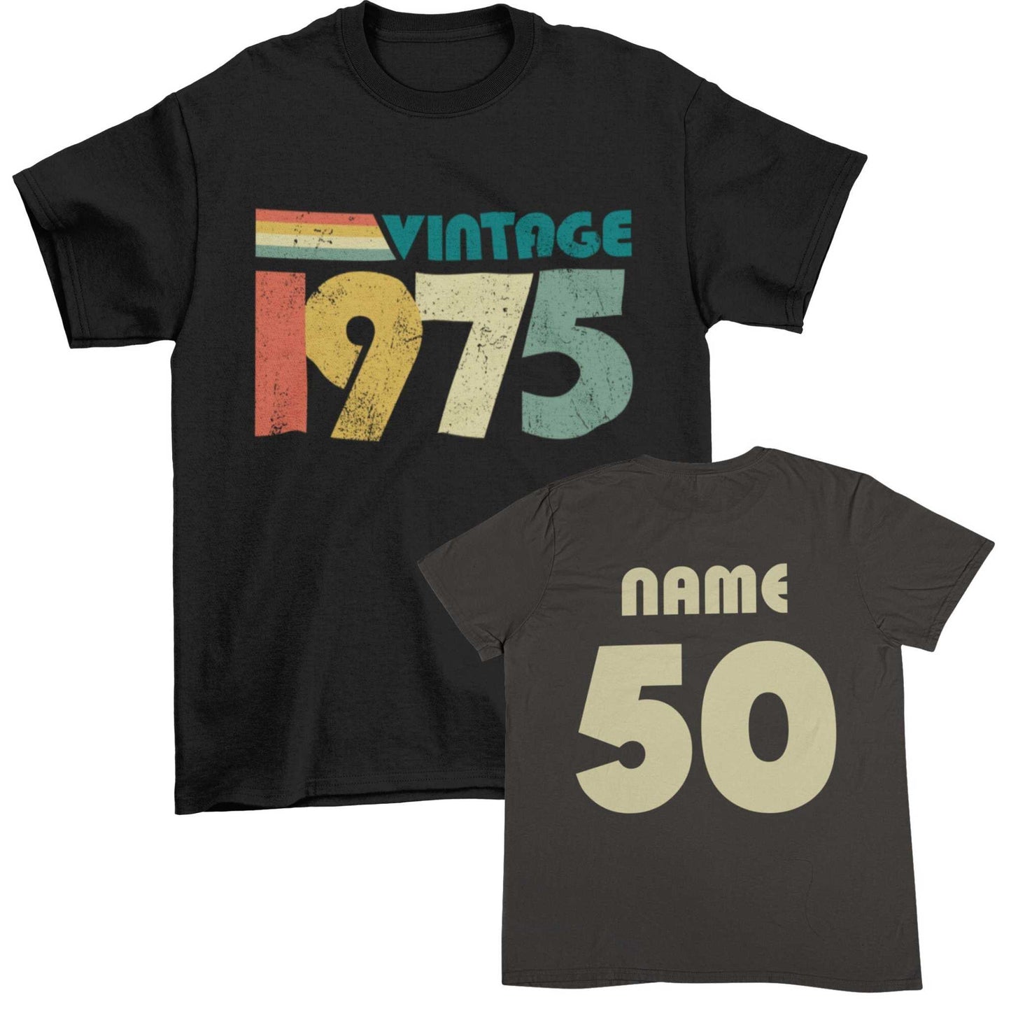 Vintage 1975 personalised 50th birthday t-shirt with custom name and age on back.