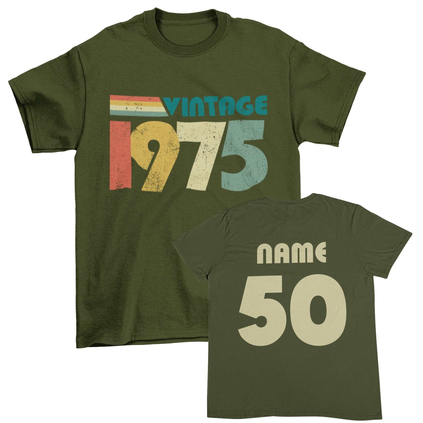 2025 Birthday personalised 50th t-shirt with vintage 1975 design, customisable name and age on back.