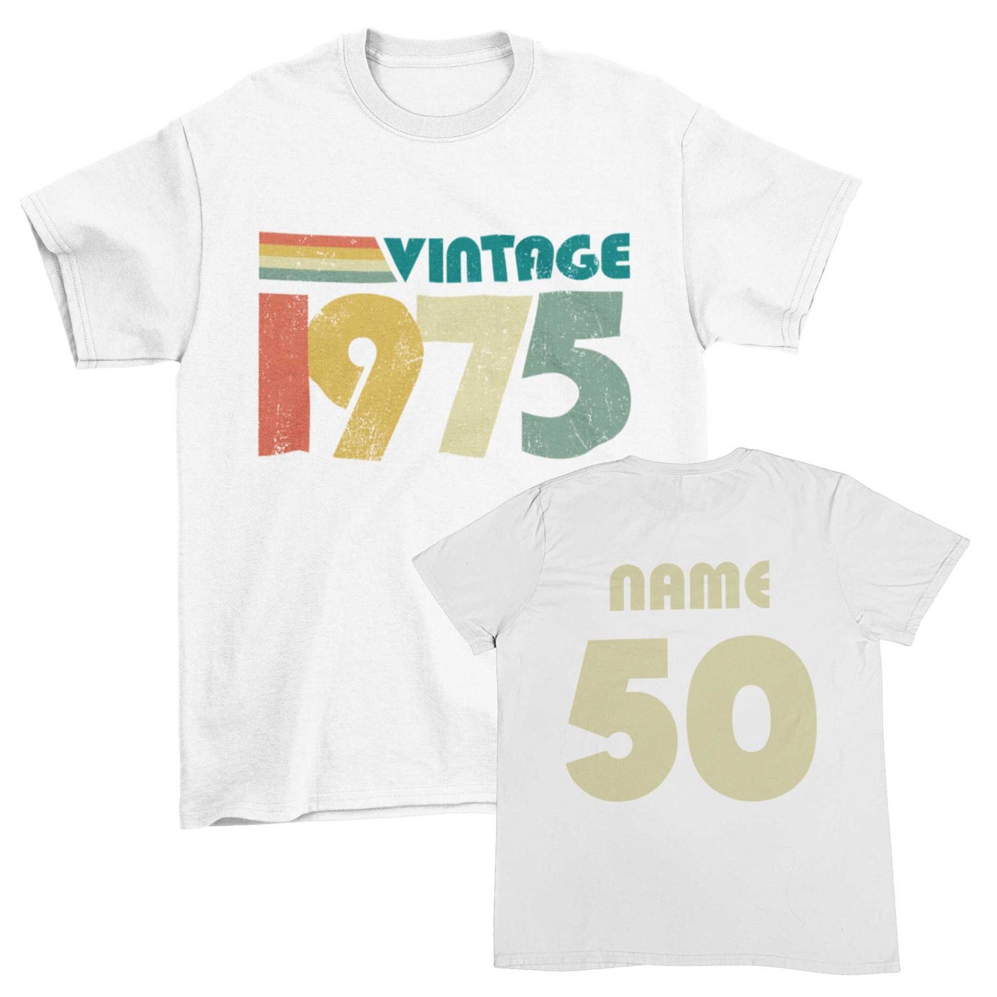 Vintage 1975 personalised 50th birthday T-shirt with customizable name and age on back.