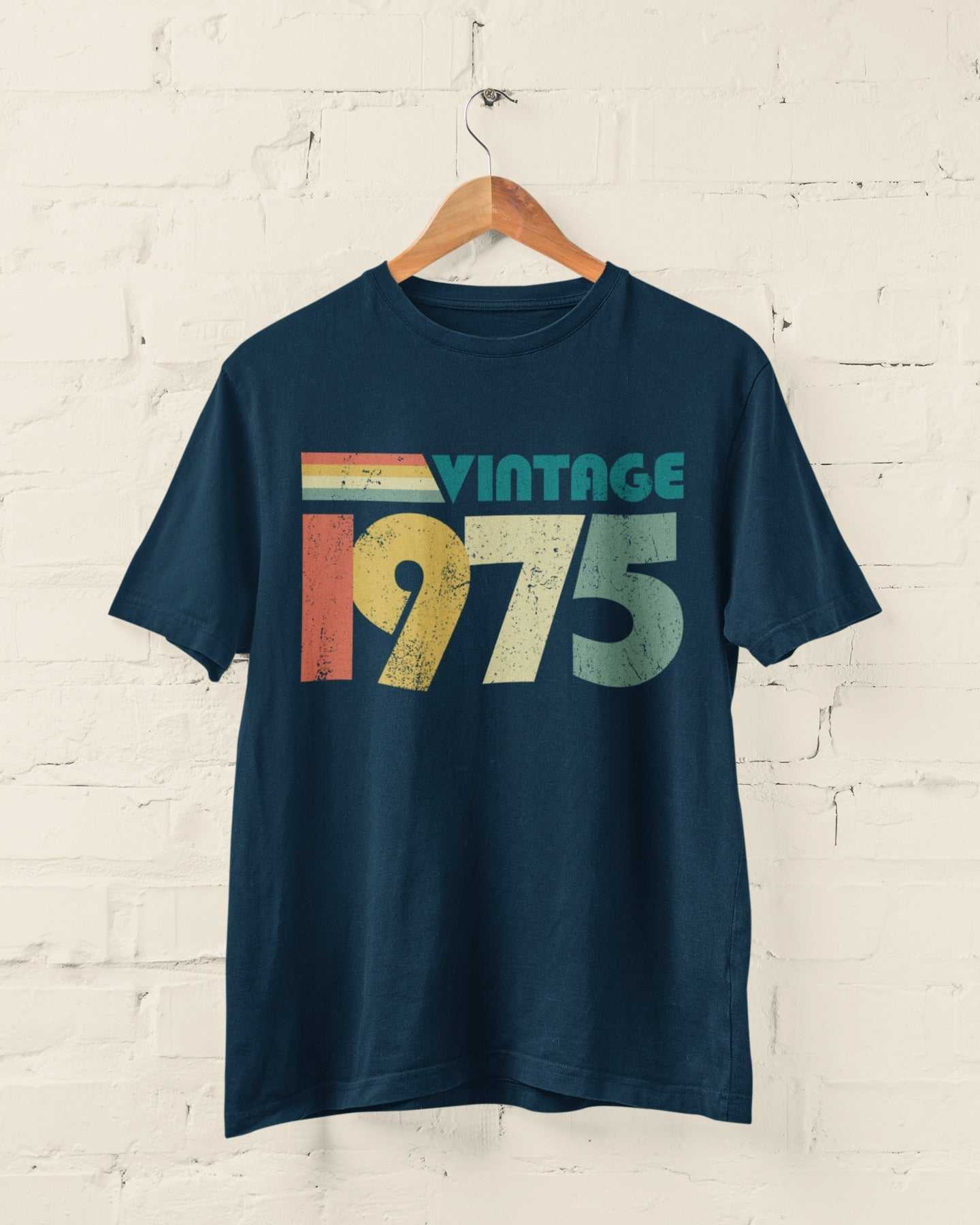 Vintage 1975 personalised 50th birthday t-shirt with retro design.