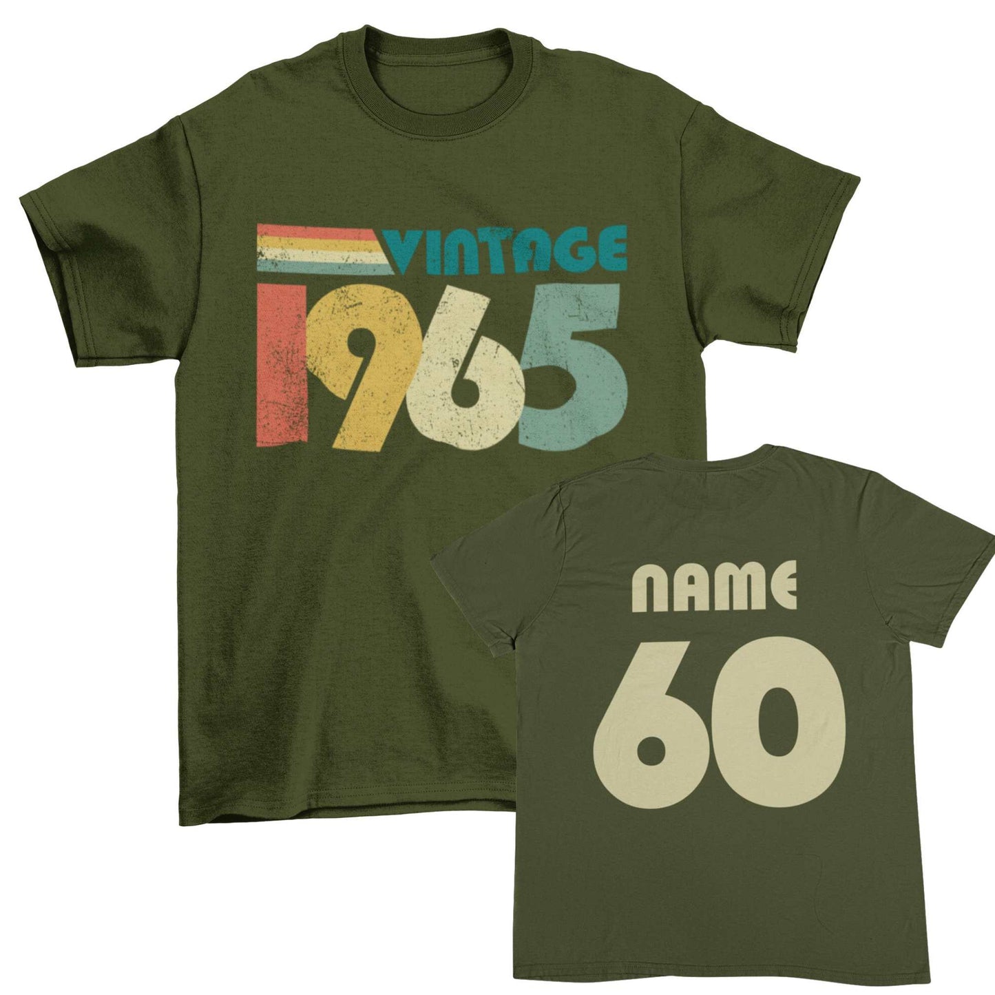 Personalised 60th birthday t-shirt with vintage 1965 design; custom name and age on back.