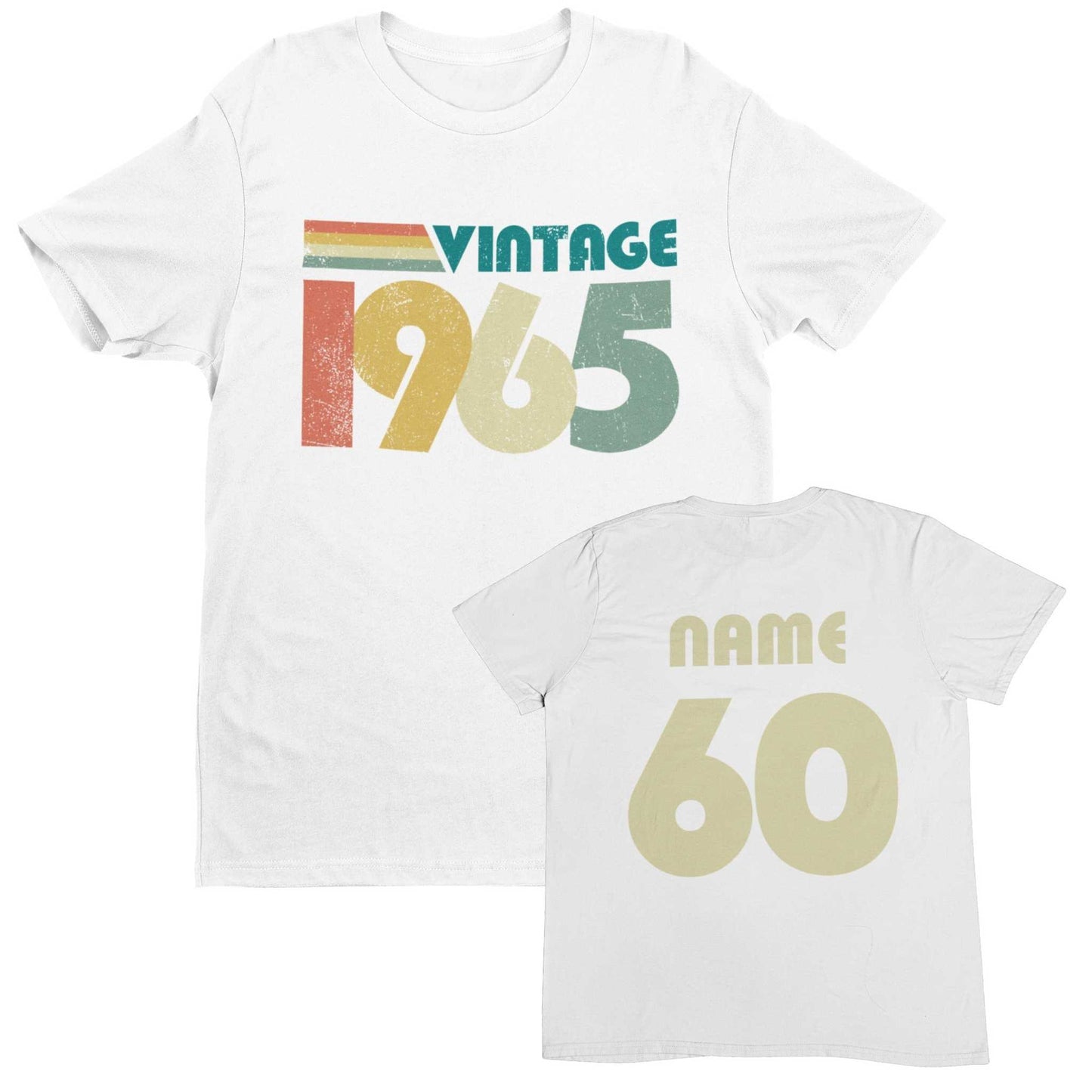 Personalised 60th birthday T-shirt featuring "Vintage 1965" design with customizable name and age on the back, ideal for celebrating a 60th birthday.