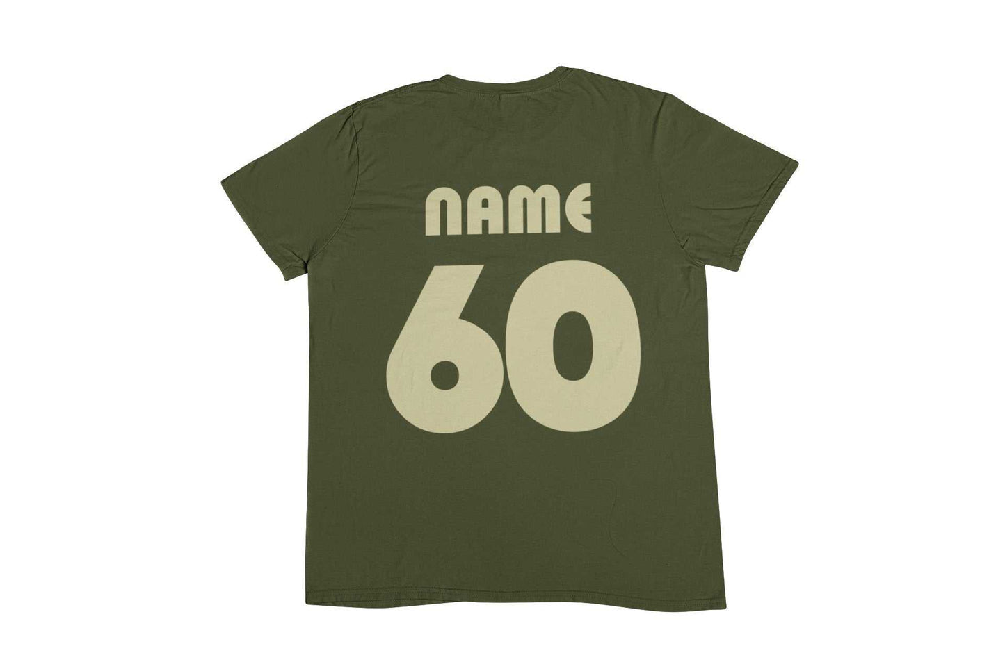 Personalised 60th birthday t-shirt in vintage 1965 style with customizable name and age on the back, perfect for a celebration.