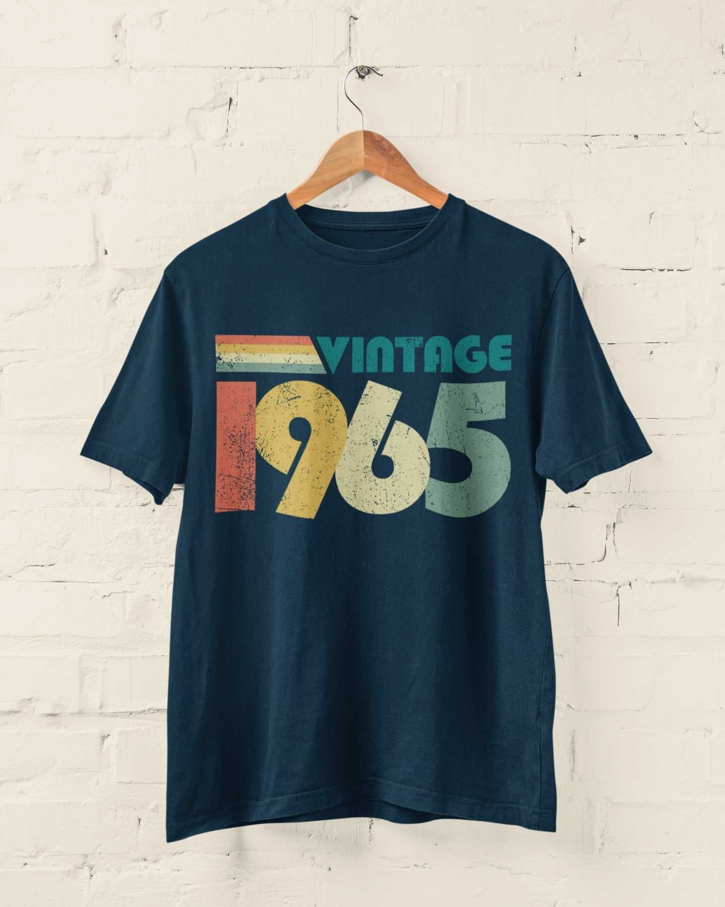 Personalised 60th birthday t-shirt with vintage 1965 design, customizable name and age on back, perfect gift.