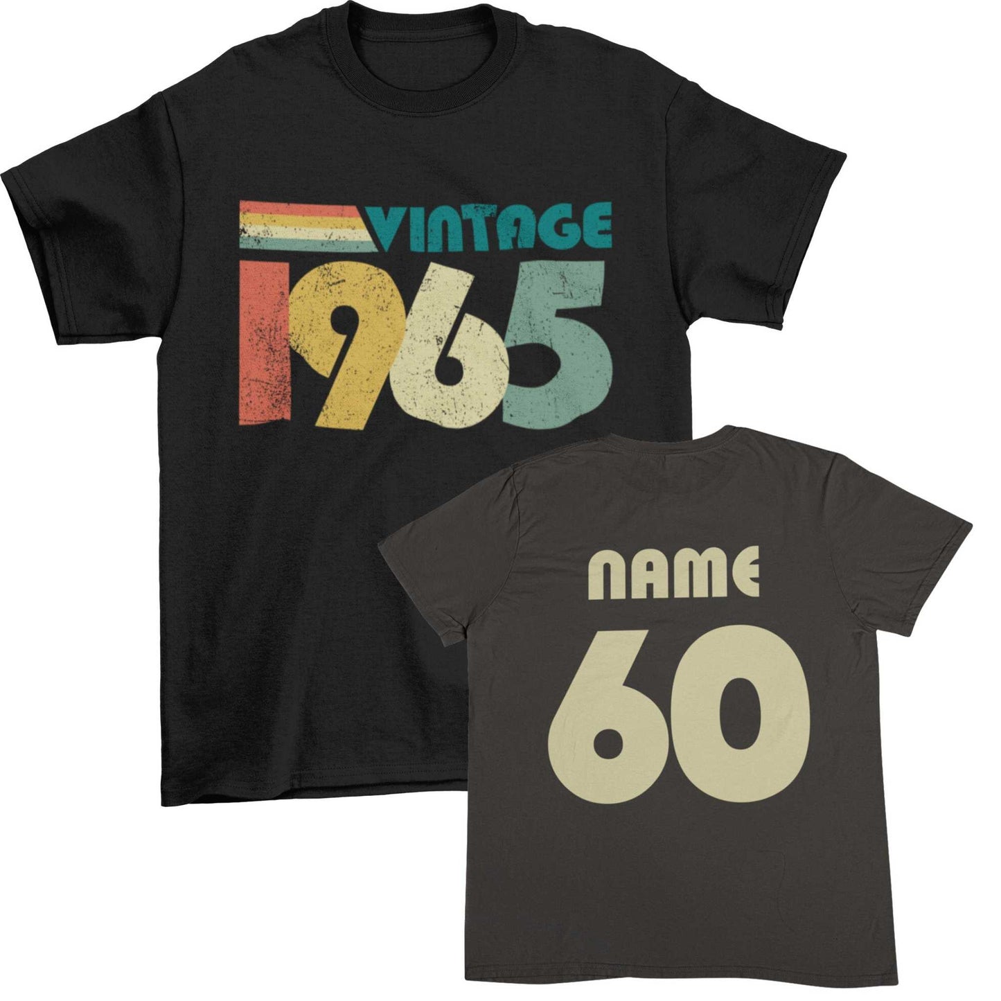 Vintage 1965 personalised 60th birthday t-shirt with retro design, name, and age customization.