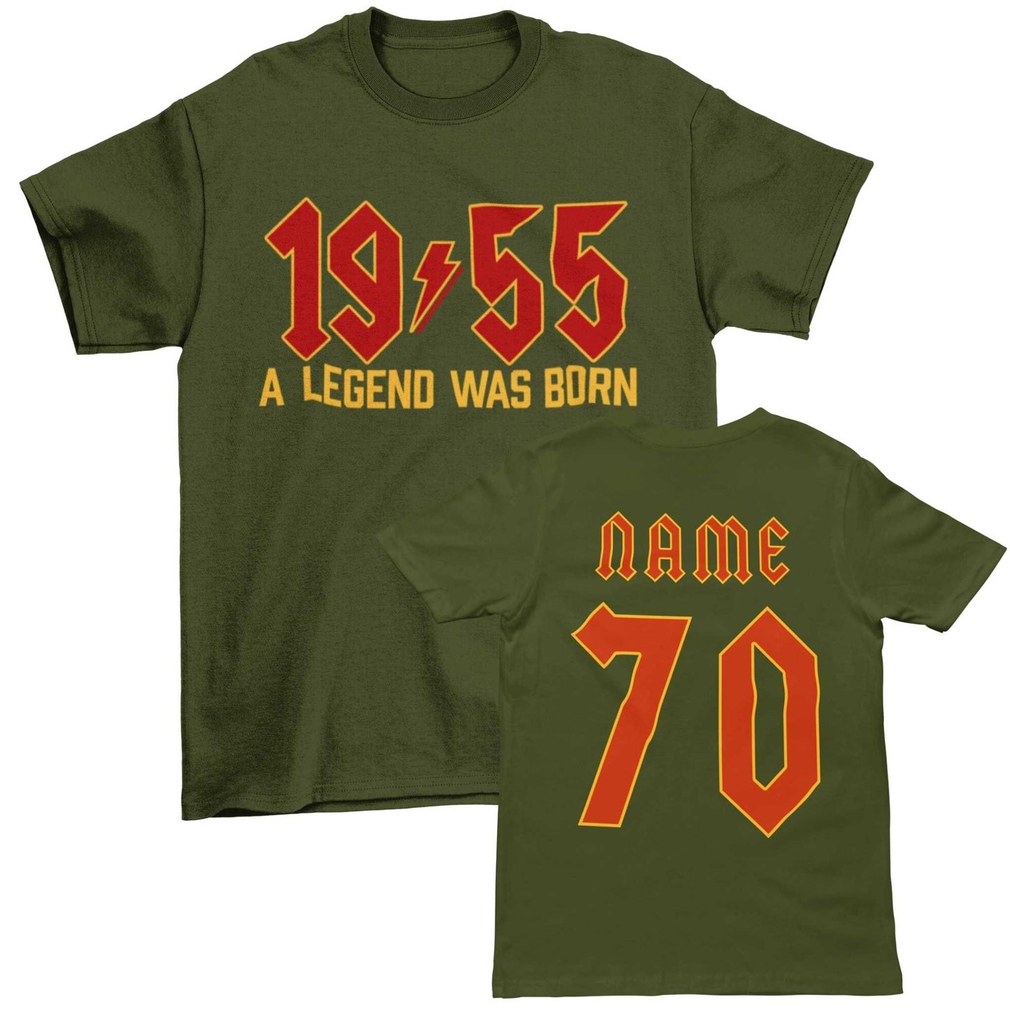 Personalised 70th birthday T-shirt for 1955 legend with custom name on back, retro design.