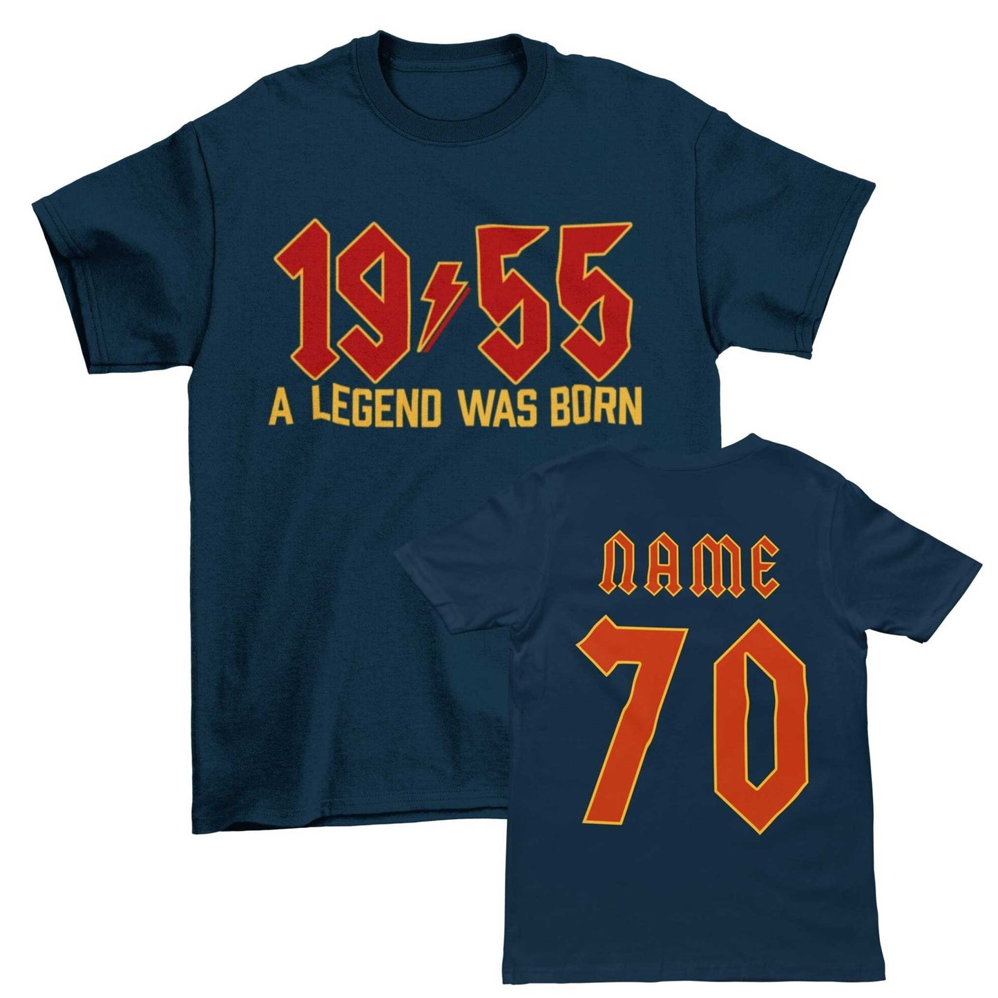 2025 personalised 70th birthday t-shirt, 1955 legend born, retro font, name on back