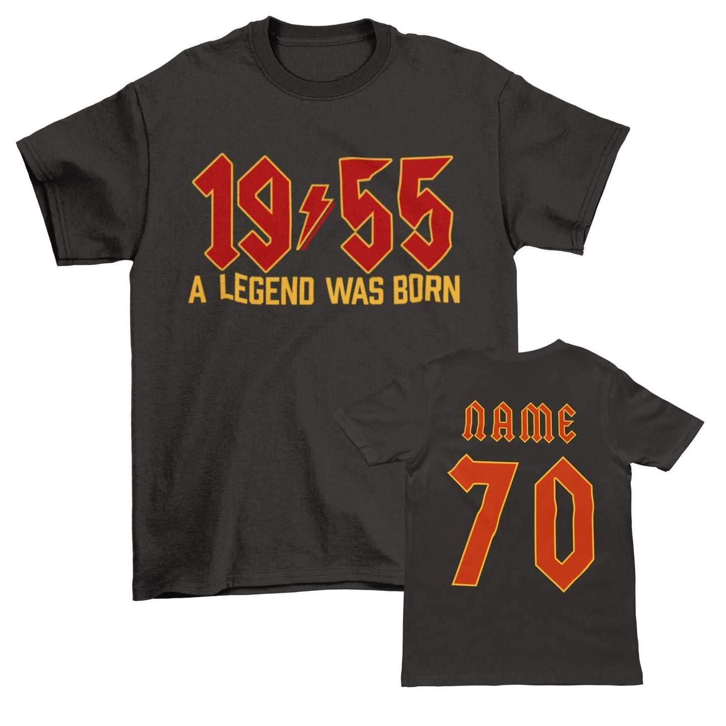Personalised 70th birthday t-shirt with "1955 A Legend Was Born" design, name and age on back, perfect for 2025 celebrations.