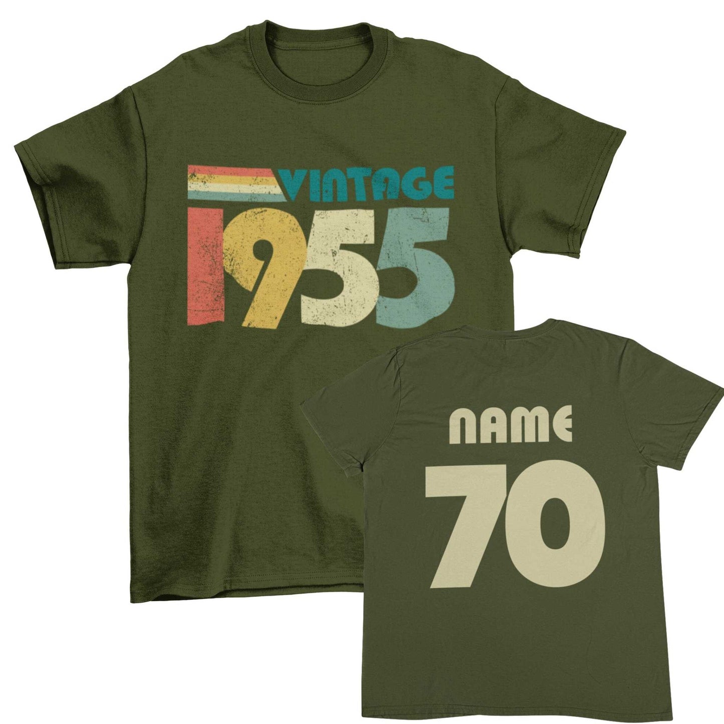 Personalised 2025 Birthday 70th T-shirt, Vintage 1955 design, custom name and age on back.