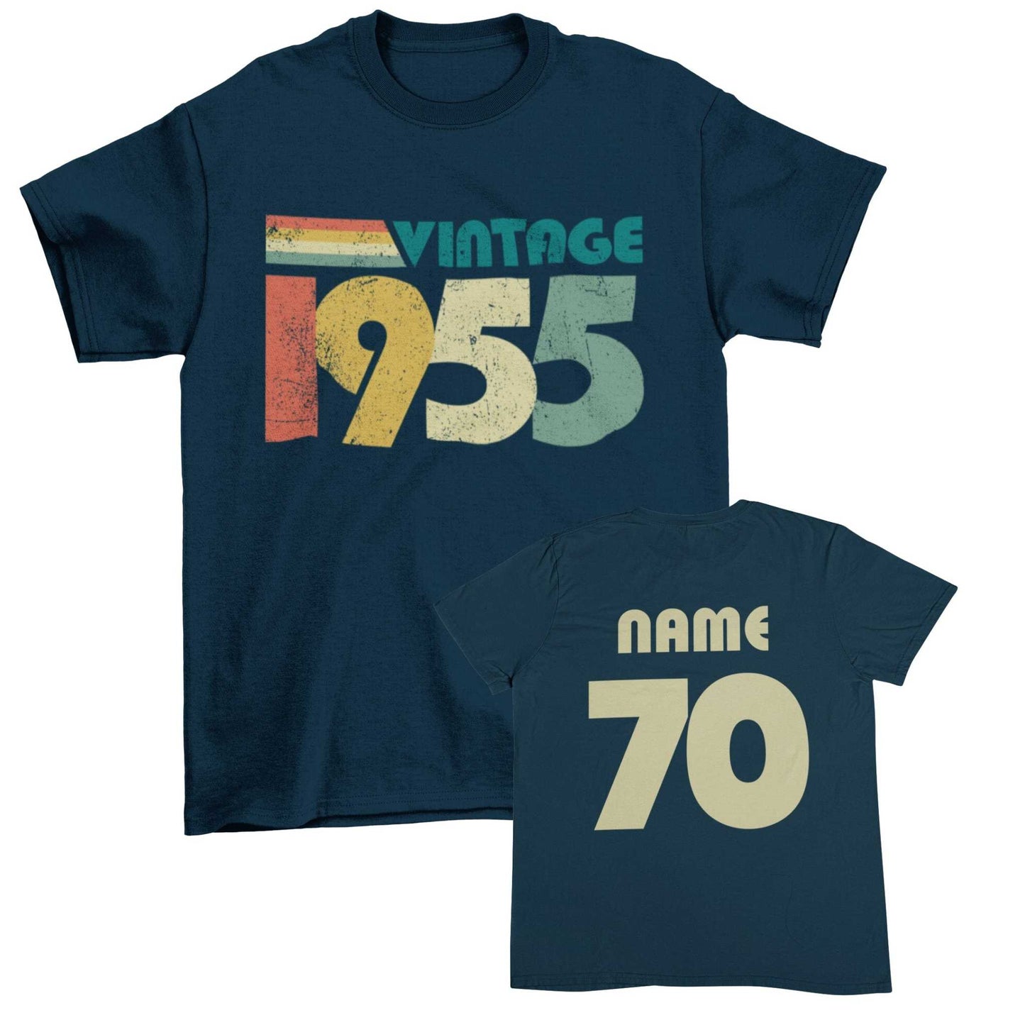 2025 Birthday personalised 70th t-shirt with vintage 1955 design, custom name, and age on back.