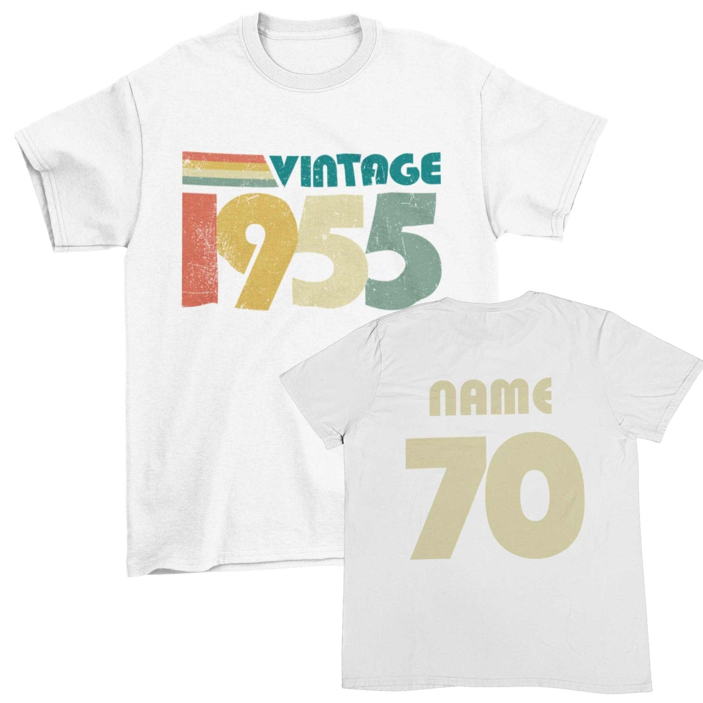 Vintage 1955 personalised 70th birthday t-shirt with customizable name and age for 2025 celebration.