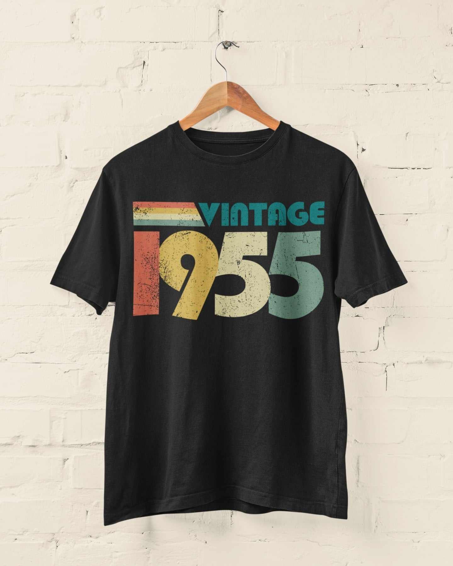 Vintage 1955 t-shirt for personalised 70th birthday in 2025, customizable with name and age on back.