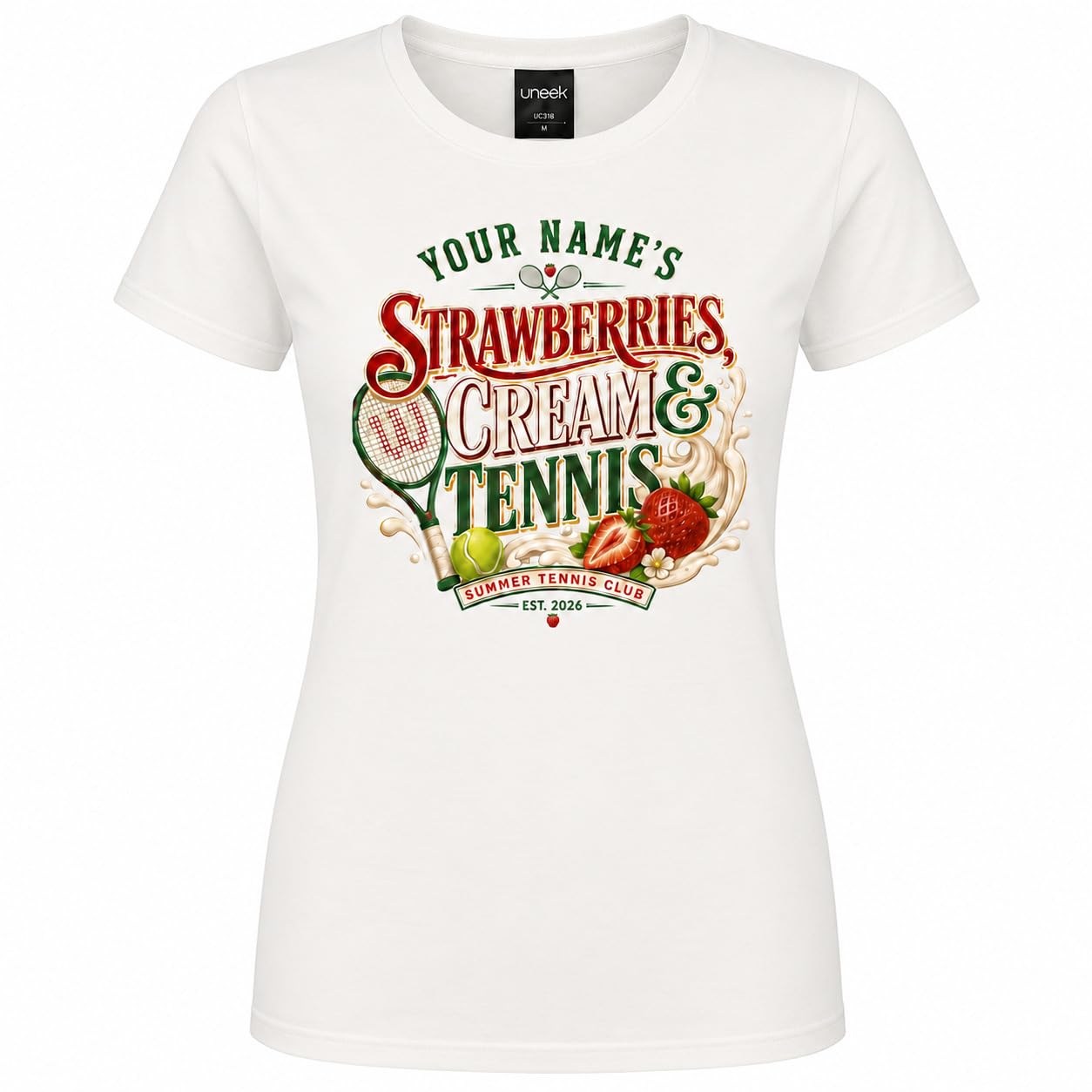 Galaxy Tees Women's Personalised Strawberries Cream & Tennis T-Shirt - Galaxy Tees