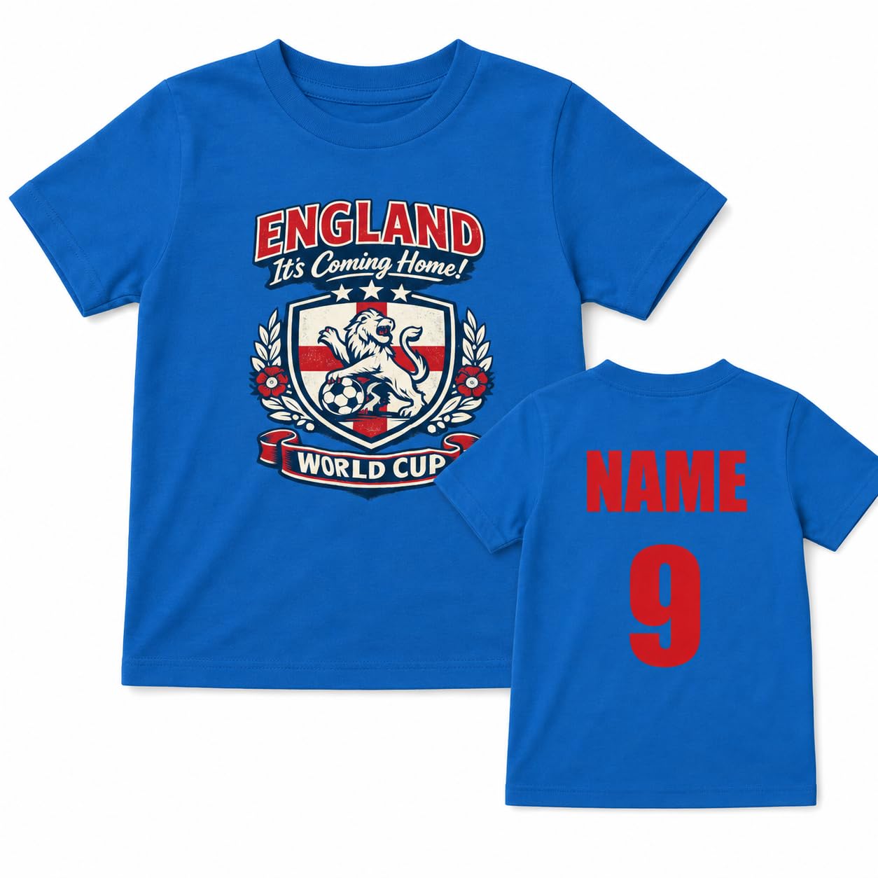 Kids Personalised England Football Fan T-Shirt, Custom Name & Number Back Print, Boys Girls World Cup Match Day Gift
