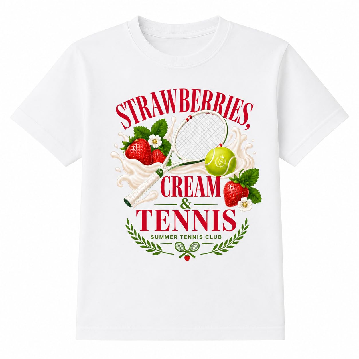 Galaxy Tees Kids' Strawberries Cream & Tennis T-Shirt Summer Tennis Gift