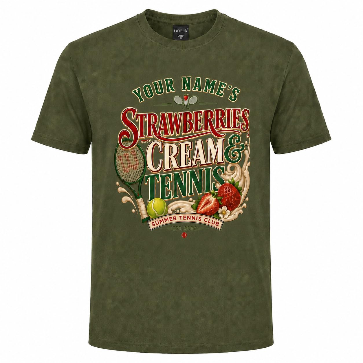 Galaxy Tees Personalised Strawberries Cream & Tennis T-Shirt Summer Sports Gift