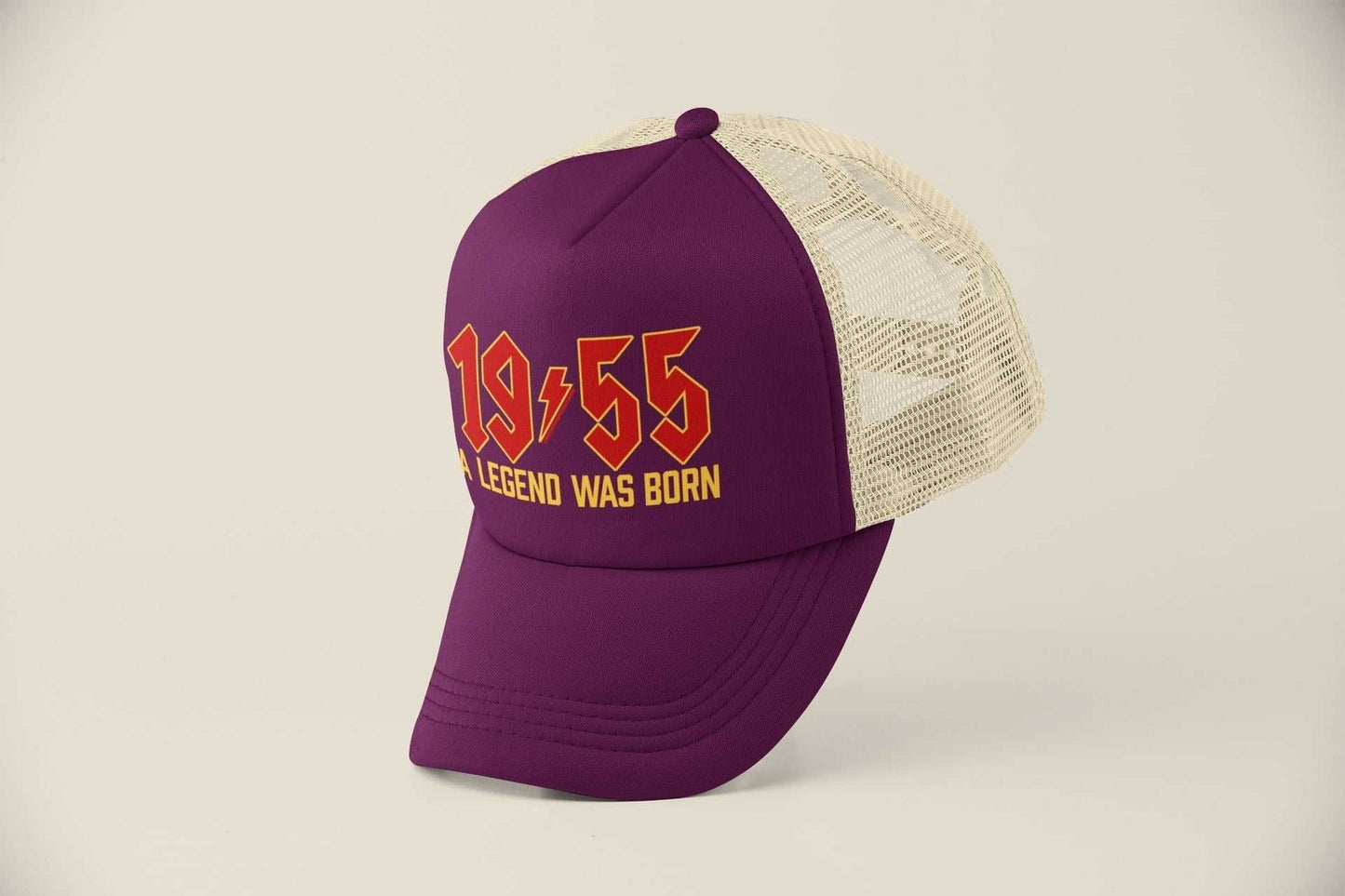 70th birthday trucker cap with "A Legend Was Born 1955" in retro rock font; perfect for milestone celebrations.
