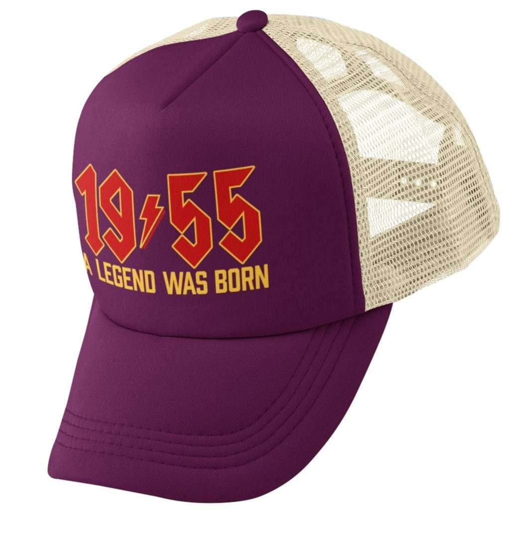 70th birthday trucker cap, retro rock font, "A Legend Was Born in 1955," stylish gift for 2025 celebration.
