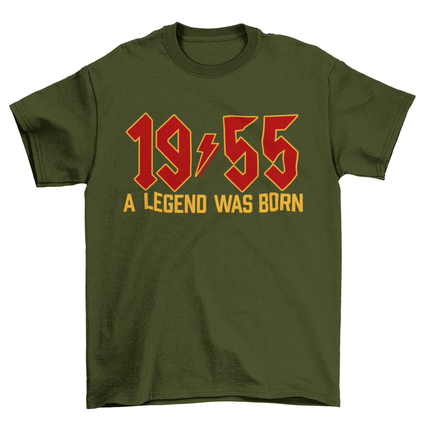 70th birthday t-shirt with "1955 A Legend Was Born" in retro heavy metal font on olive green background.