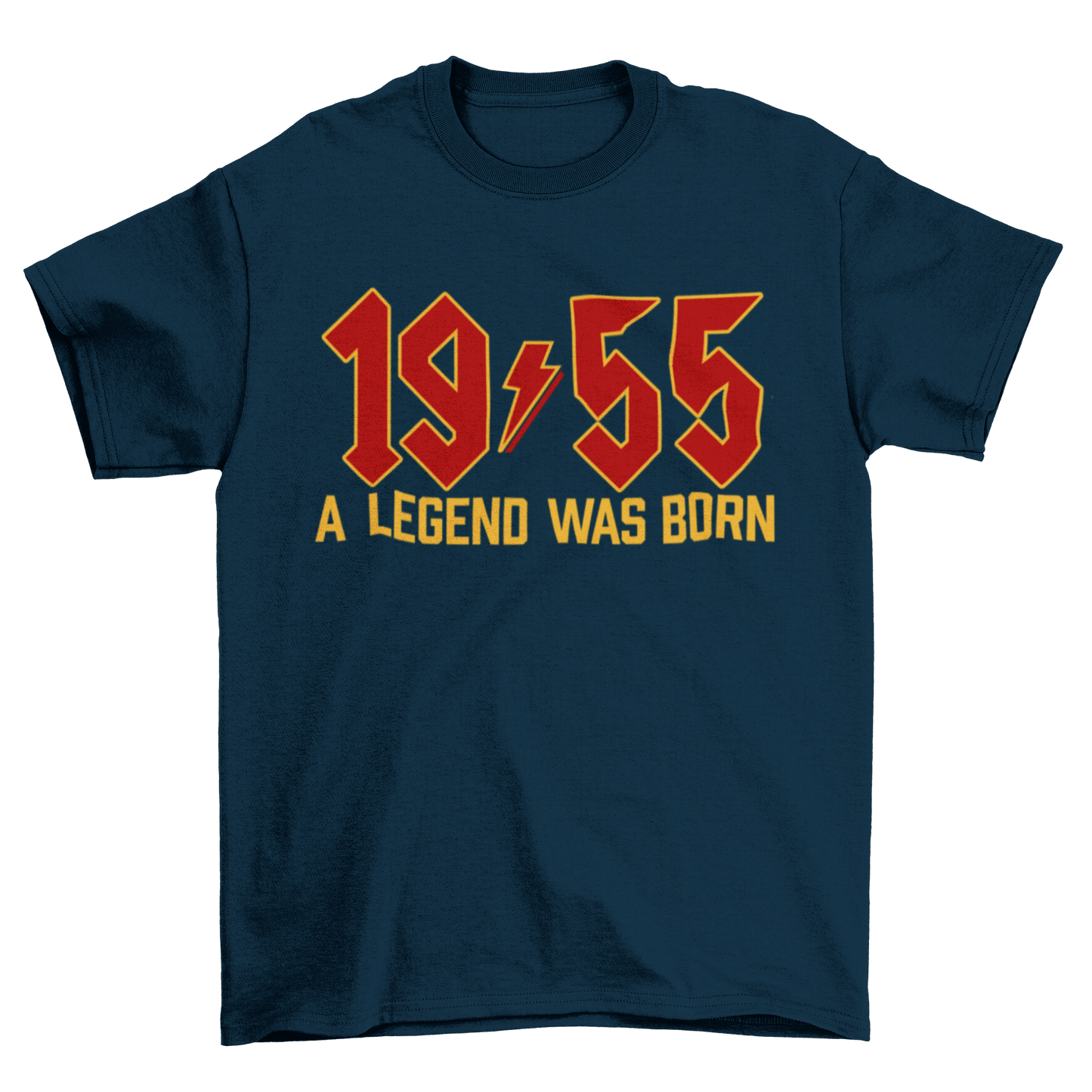 70th birthday t-shirt with "1955 A Legend Was Born" in retro heavy metal font on navy fabric.