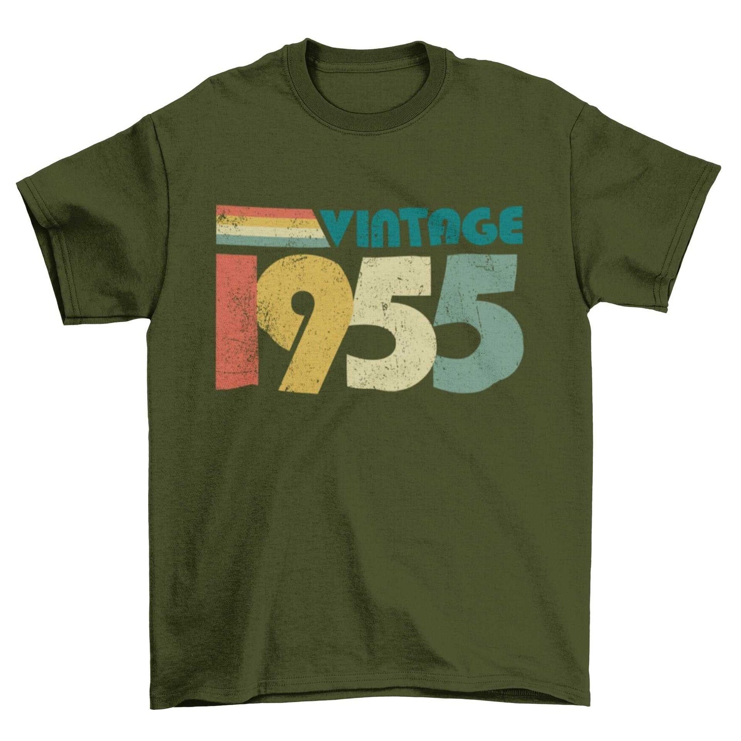 Vintage 1955 retro style T-shirt, olive green, "A Legend Was Born in 1955" design, perfect 70th birthday gift idea for 2025.