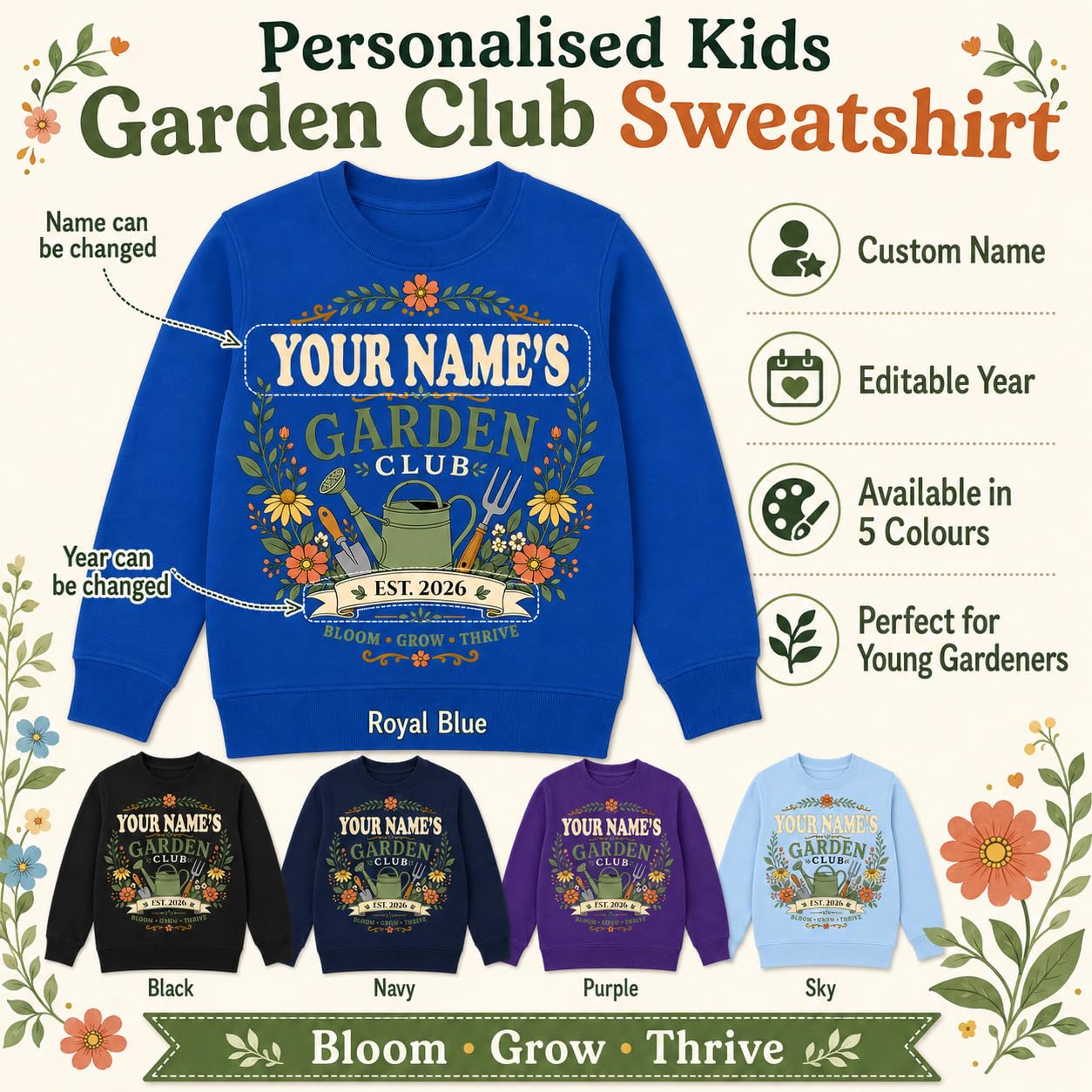 Kids Personalised Garden Club Sweatshirt Custom Name Year Gardening Gift Boys Girls Little Gardener Jumper - Galaxy Tees