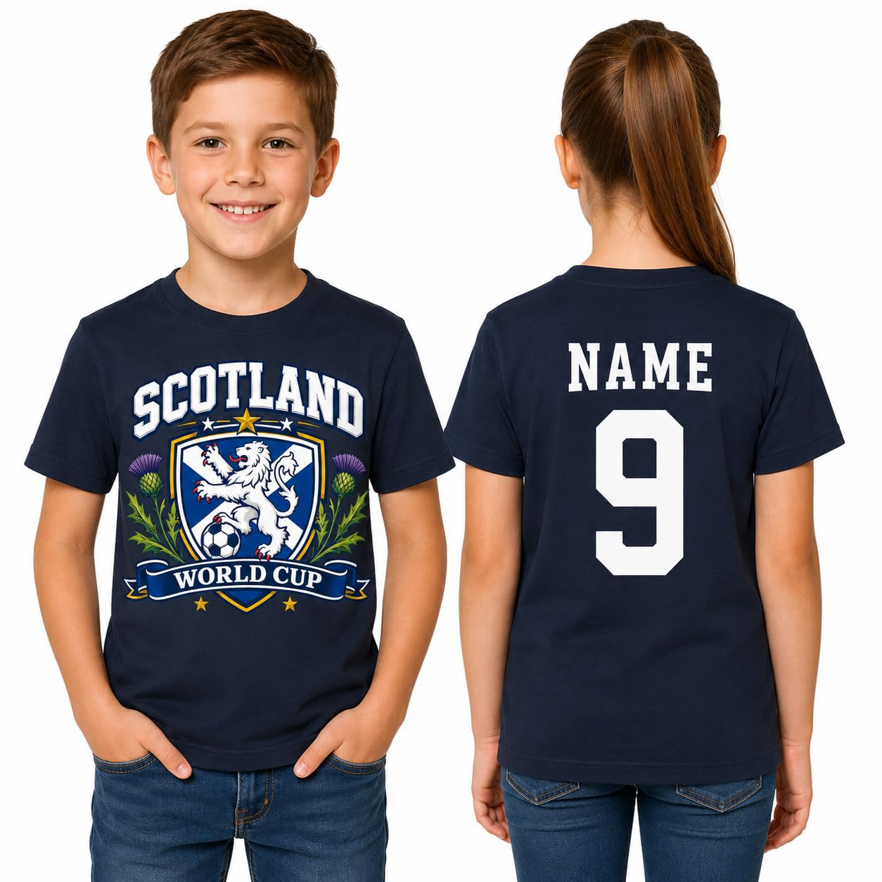 Kids Personalised Scotland Saltire Thistle World Cup T-Shirt Custom Name Number Boys Girls Football Fan T-Shirt Gift - Galaxy Tees