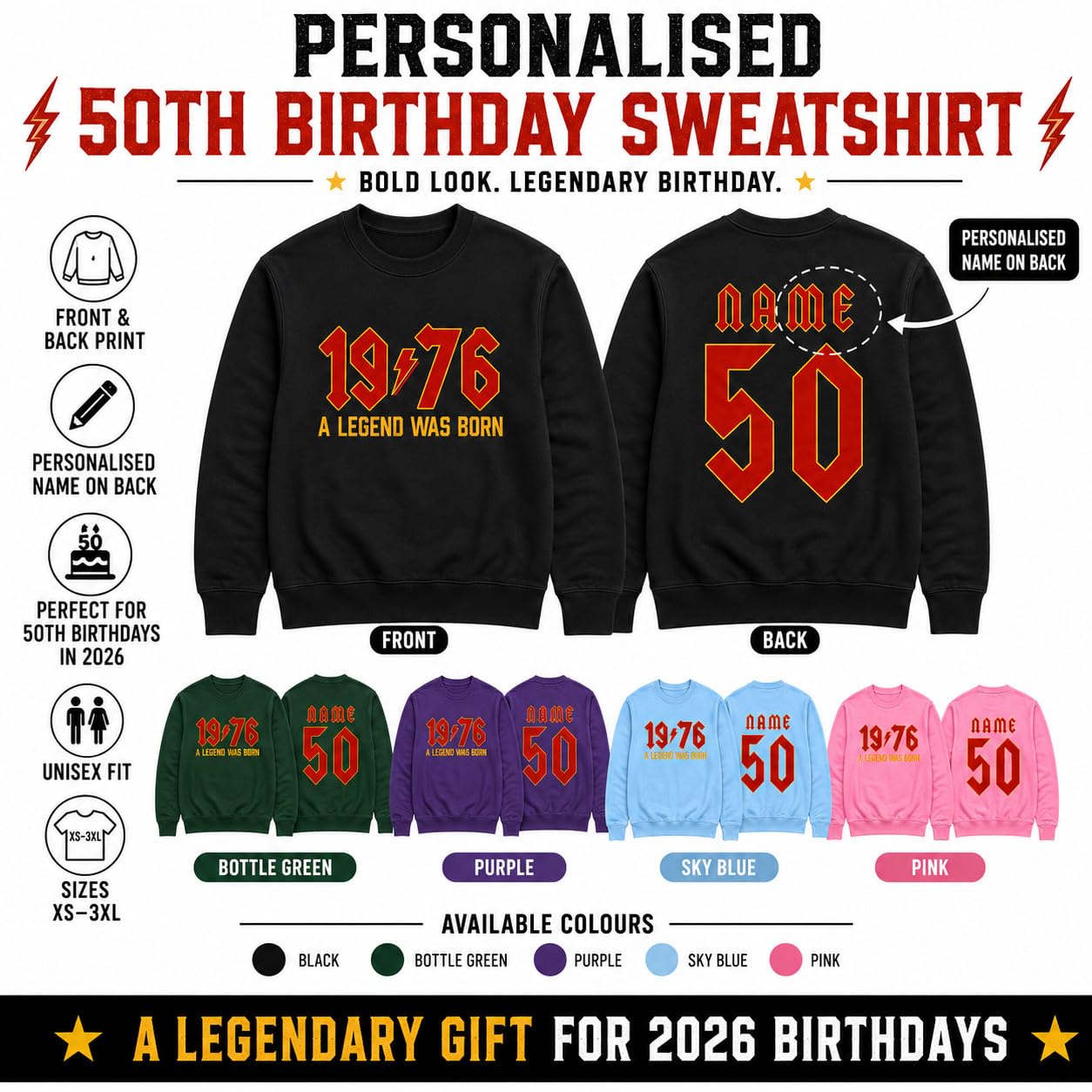 Personalised 50th Birthday Sweatshirt 2026 Vintage 1976 Rock Style Custom Name Back Print Unisex Birthday Gift - Galaxy Tees
