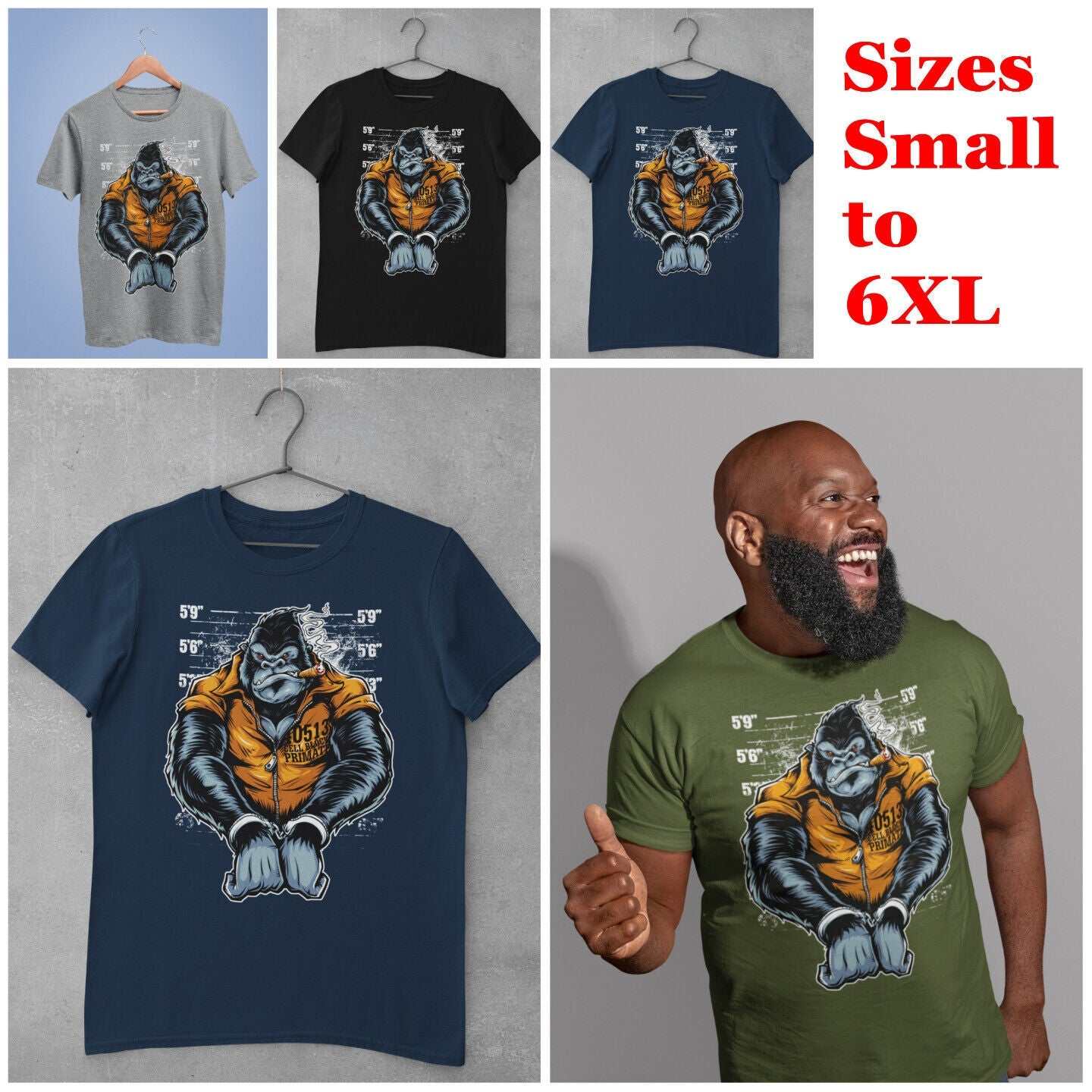 Cell Block Primate Funny T Shirt Ape Gorilla Mugshot Handcuffs SmokinGalaxy Tees
