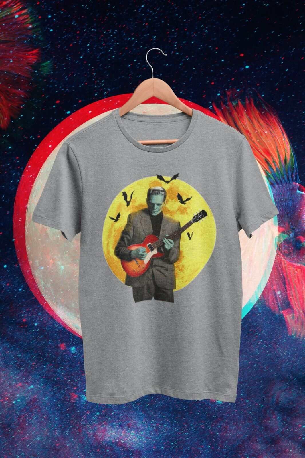 Frankenstein Guitar T Shirt Moon Bats Guitarist Gift Idea Musician RetGalaxy Tees