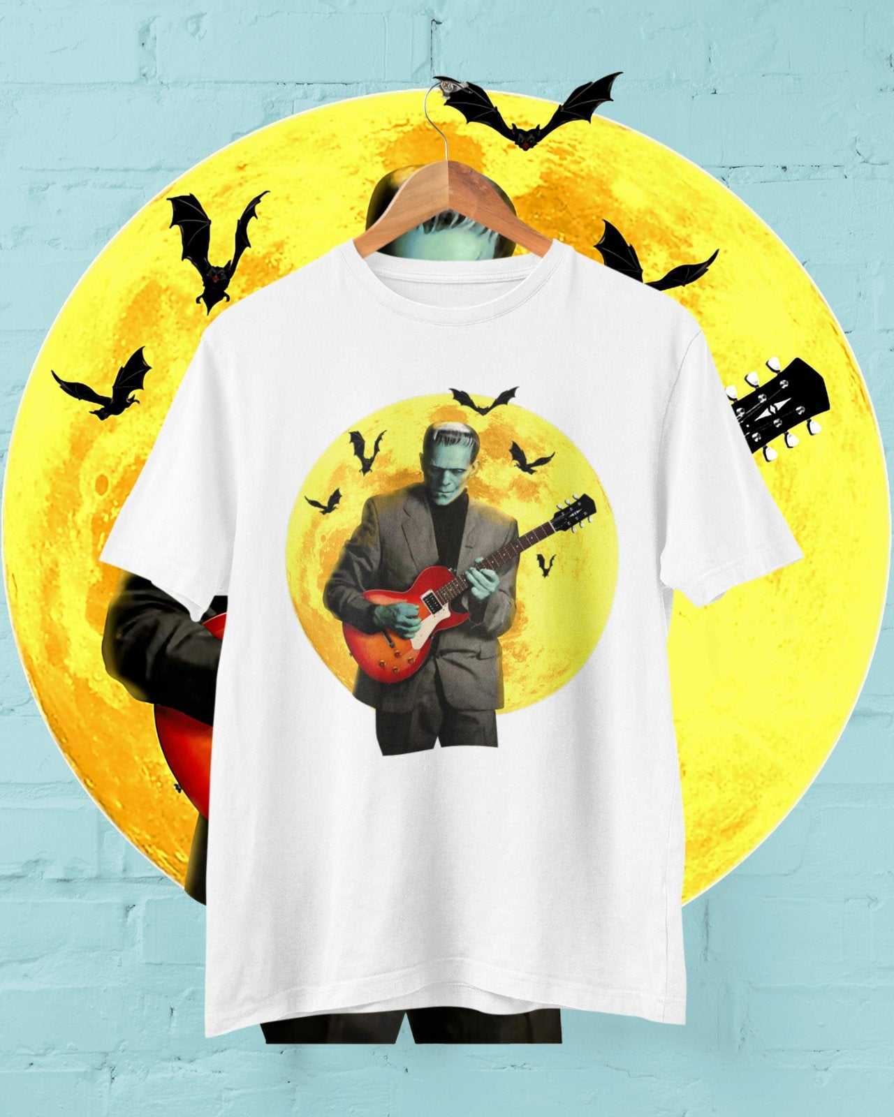Frankenstein Guitar T Shirt Moon Bats Guitarist Gift Idea Musician RetGalaxy Tees