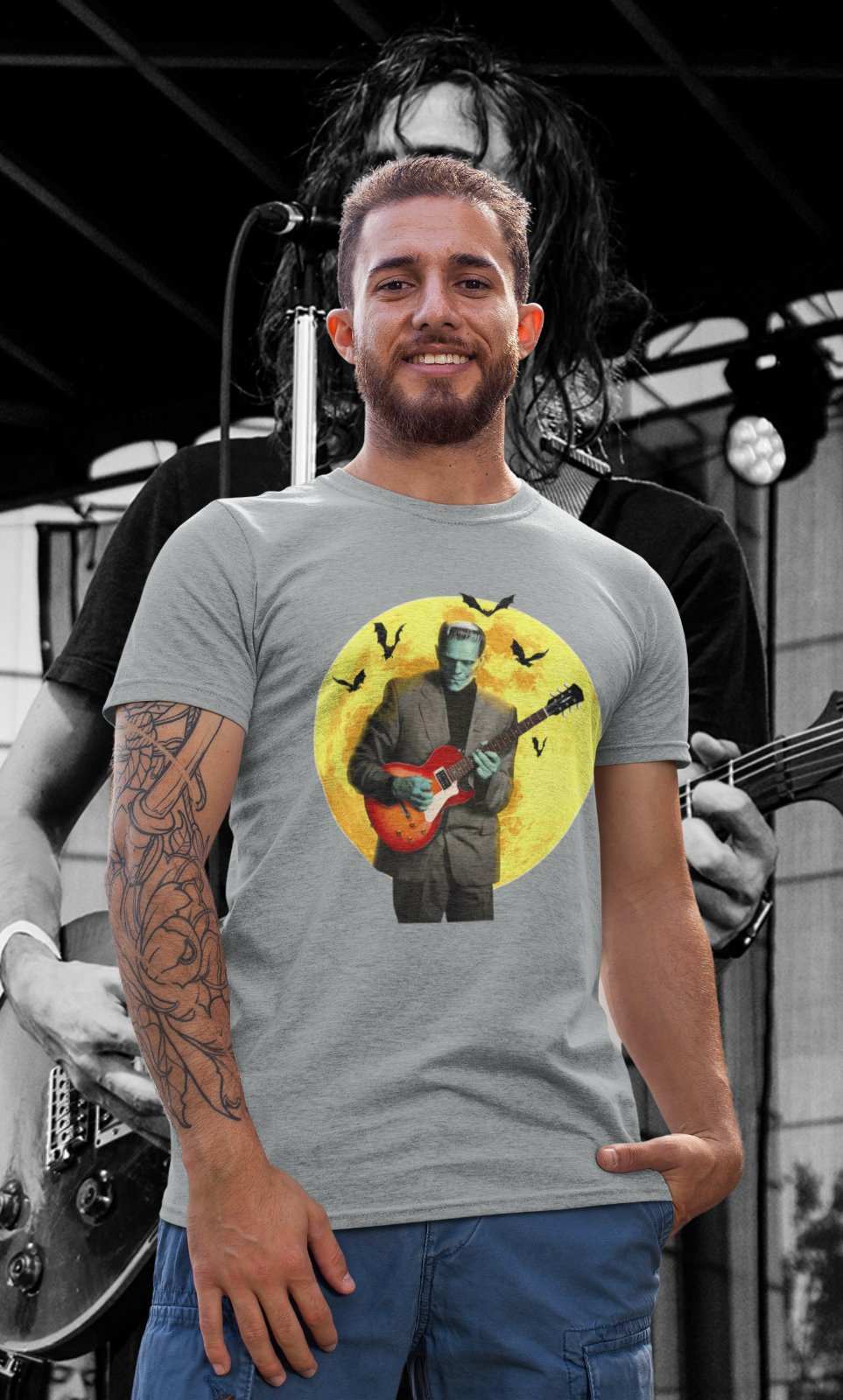 Frankenstein Guitar T Shirt Moon Bats Guitarist Gift Idea Musician RetGalaxy Tees