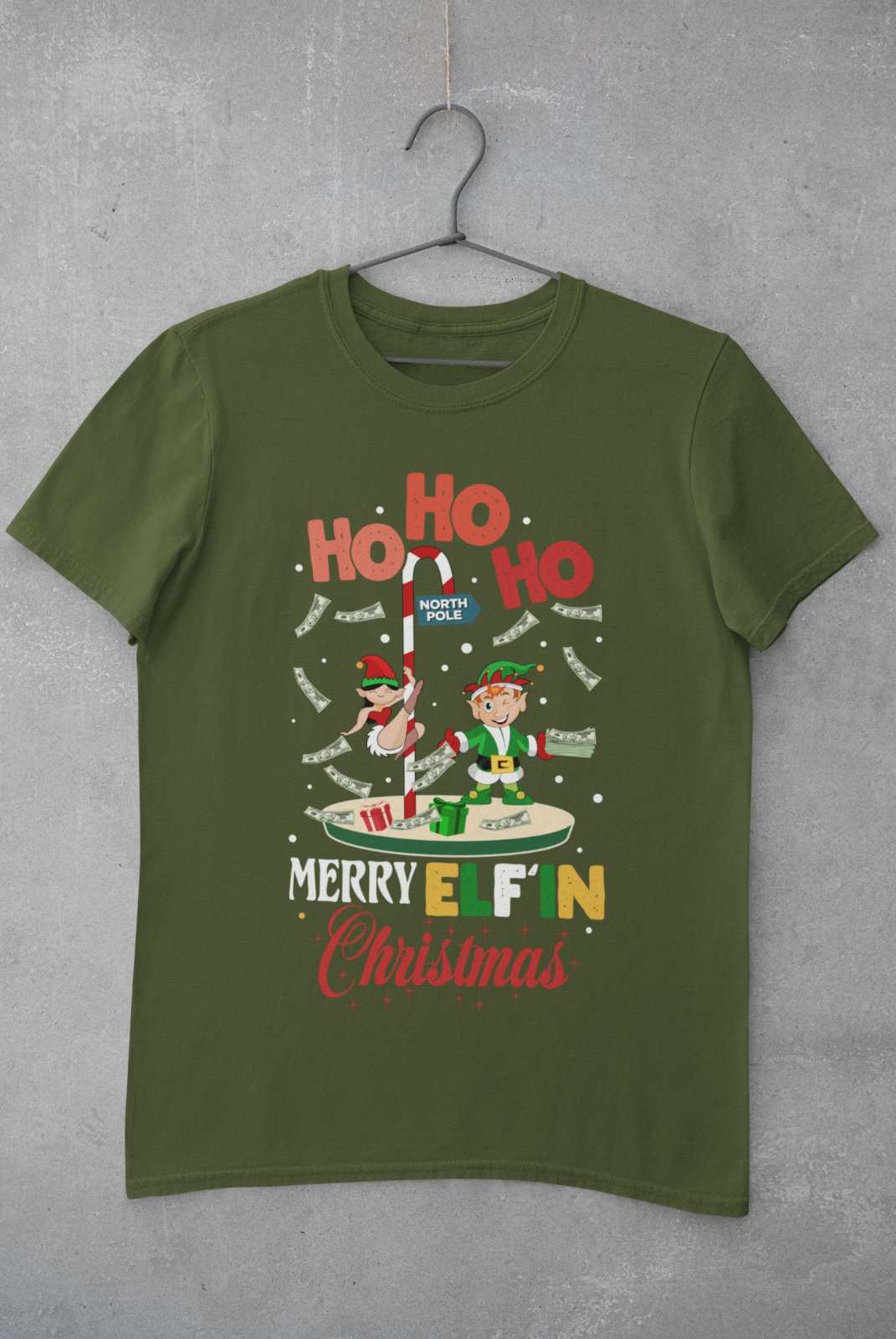 Funny Christmas T Shirt Merry Elfin Xmas Rude Stripper Pole Naughty GiGalaxy Tees