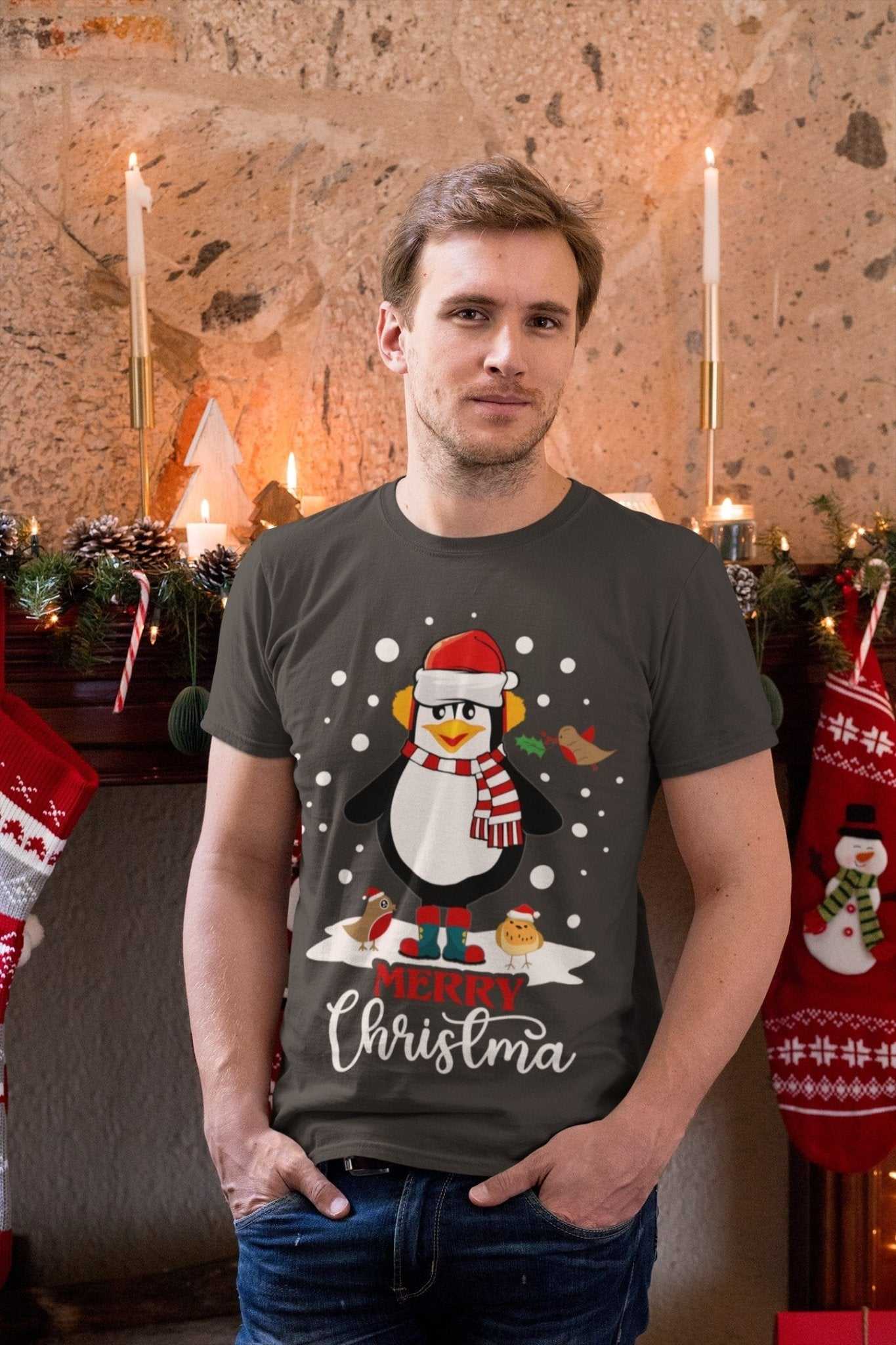 Funny Cute Christmas T Shirt MERRY CHRISTMA Penguin Novelty Gift Idea Galaxy Tees