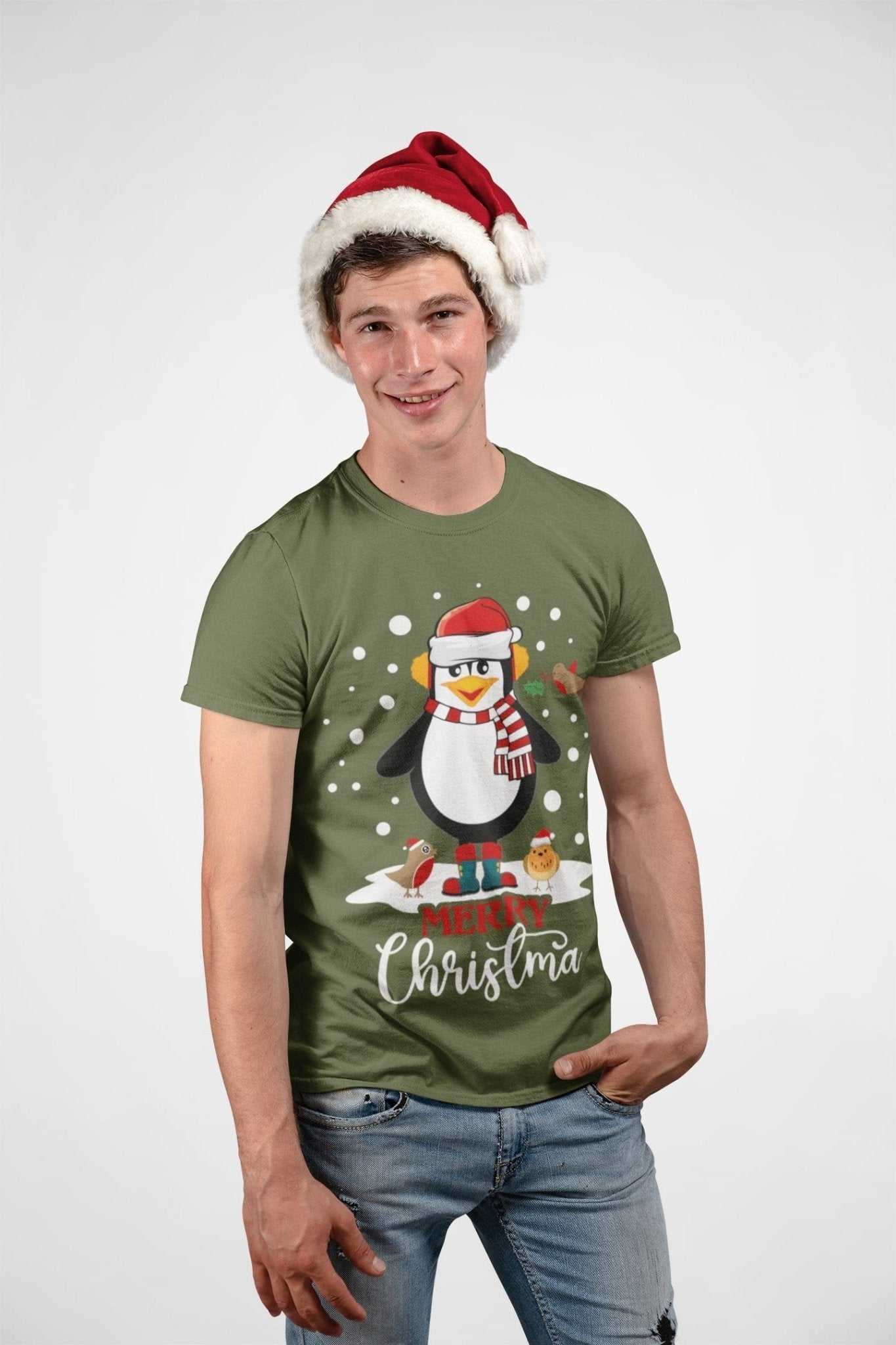 Funny Cute Christmas T Shirt MERRY CHRISTMA Penguin Novelty Gift Idea Galaxy Tees