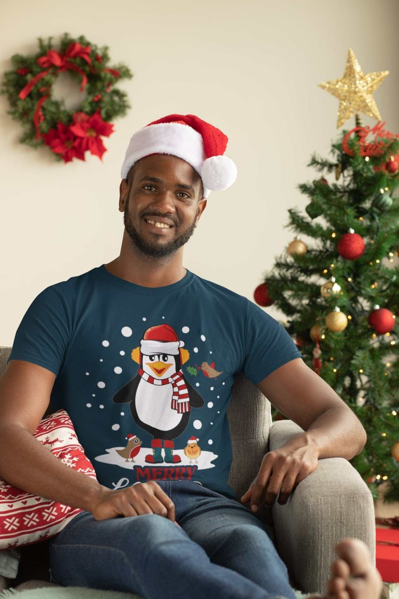 Funny Cute Christmas T Shirt MERRY CHRISTMA Penguin Novelty Gift Idea Galaxy Tees