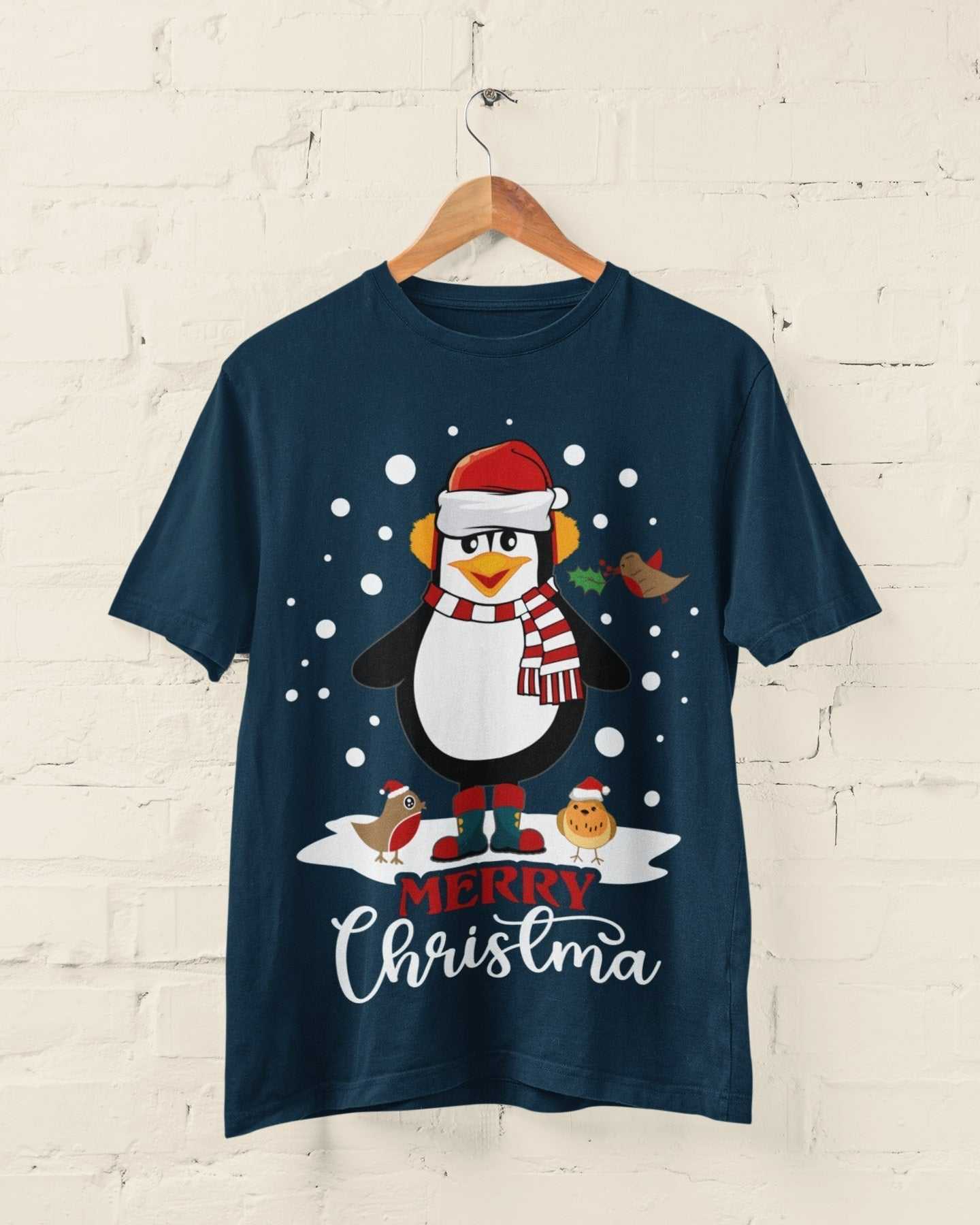 Funny Cute Christmas T Shirt MERRY CHRISTMA Penguin Novelty Gift Idea Galaxy Tees