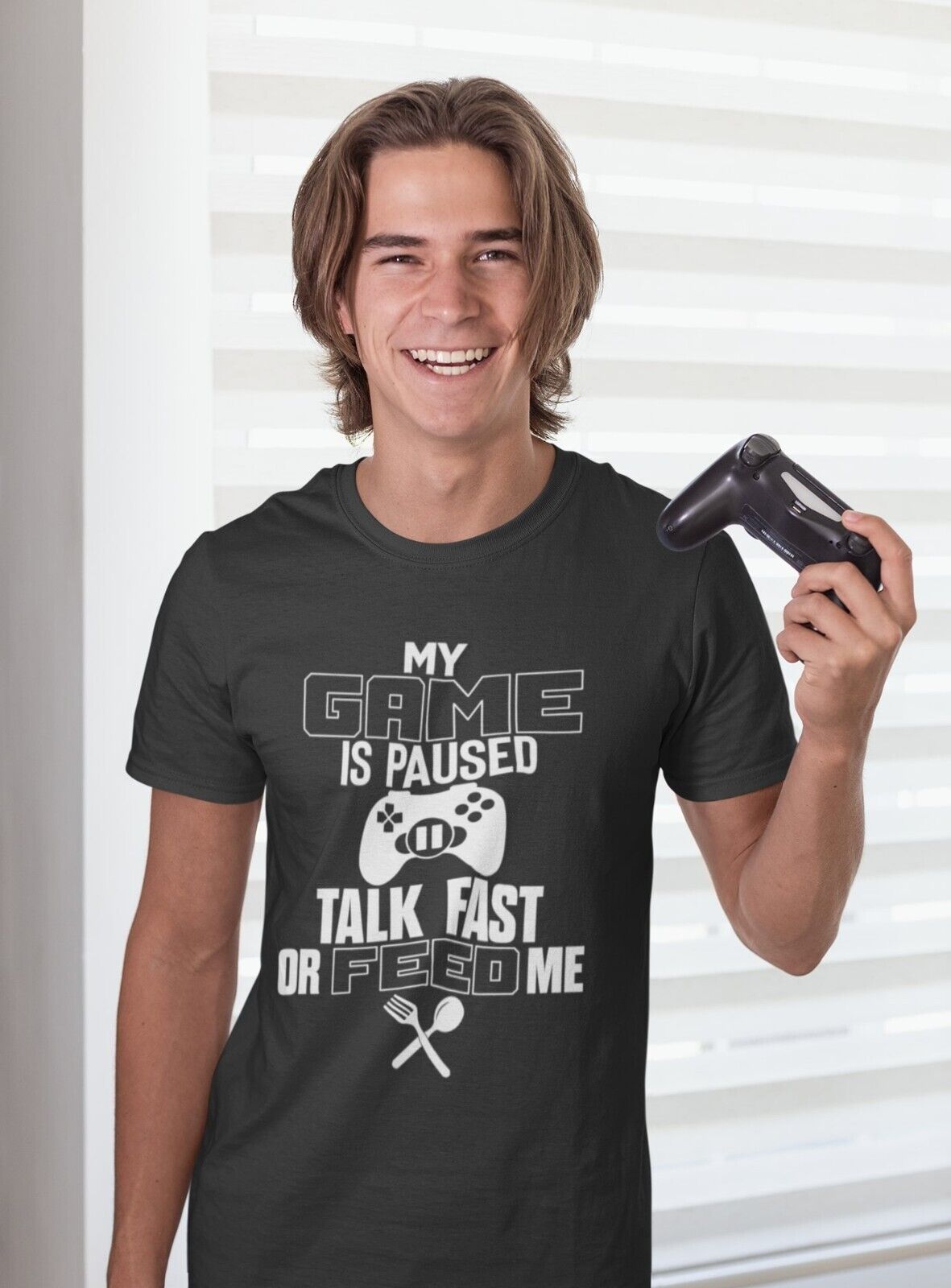 Funny Gaming T Shirt MY GAME IS PAUSED TALK FAST OR FEED ME Joke GamerGalaxy Tees