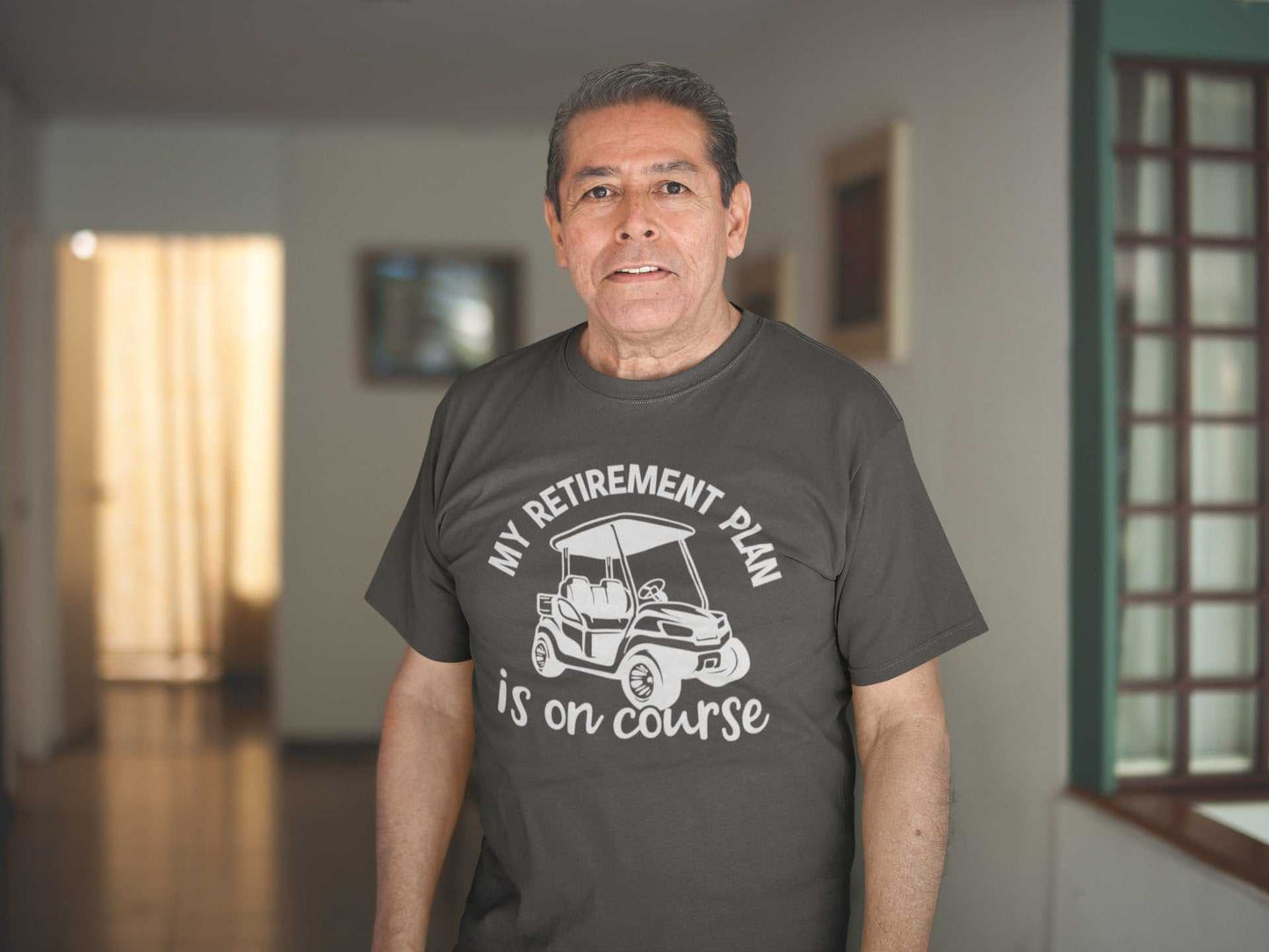 Golf-themed retirement t-shirt with "My Retirement Plan is On Course" print, ideal funny gift for retirees who love golf.