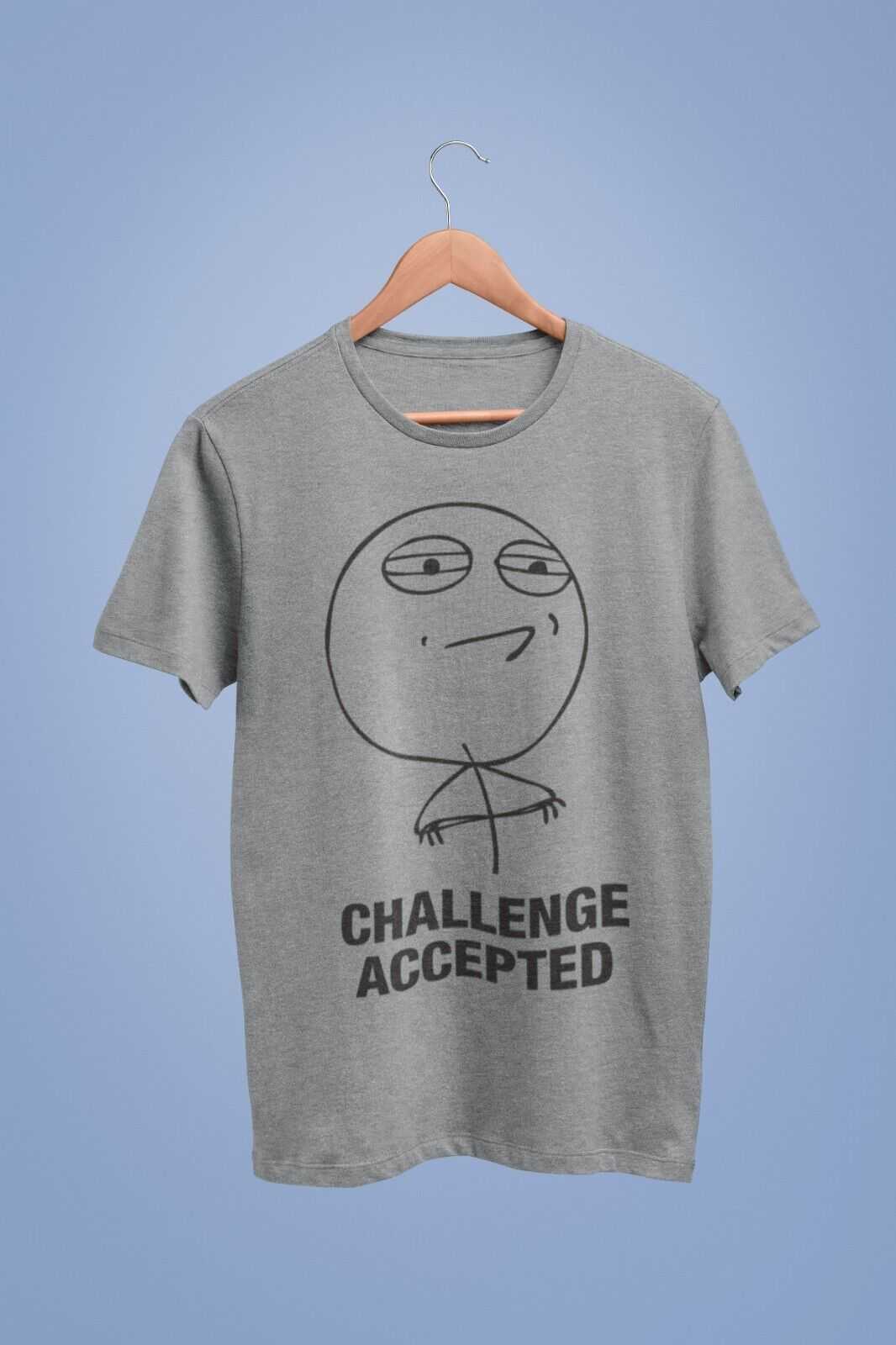 Funny Meme T Shirt CHALLENGE ACCEPTED Novelty Bubble Head Tshirt joke Galaxy Tees