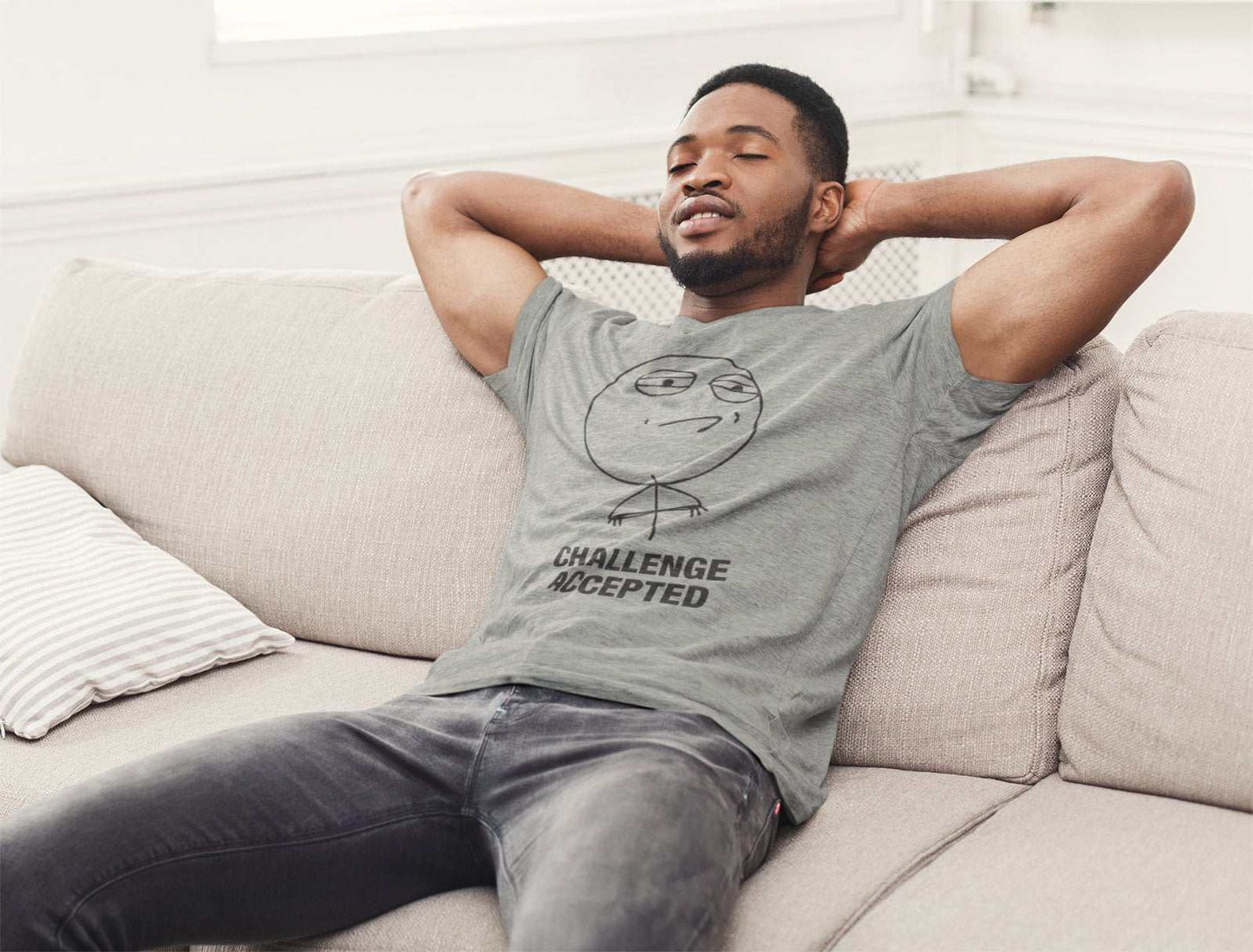 Funny Meme T Shirt CHALLENGE ACCEPTED Novelty Bubble Head Tshirt joke Galaxy Tees