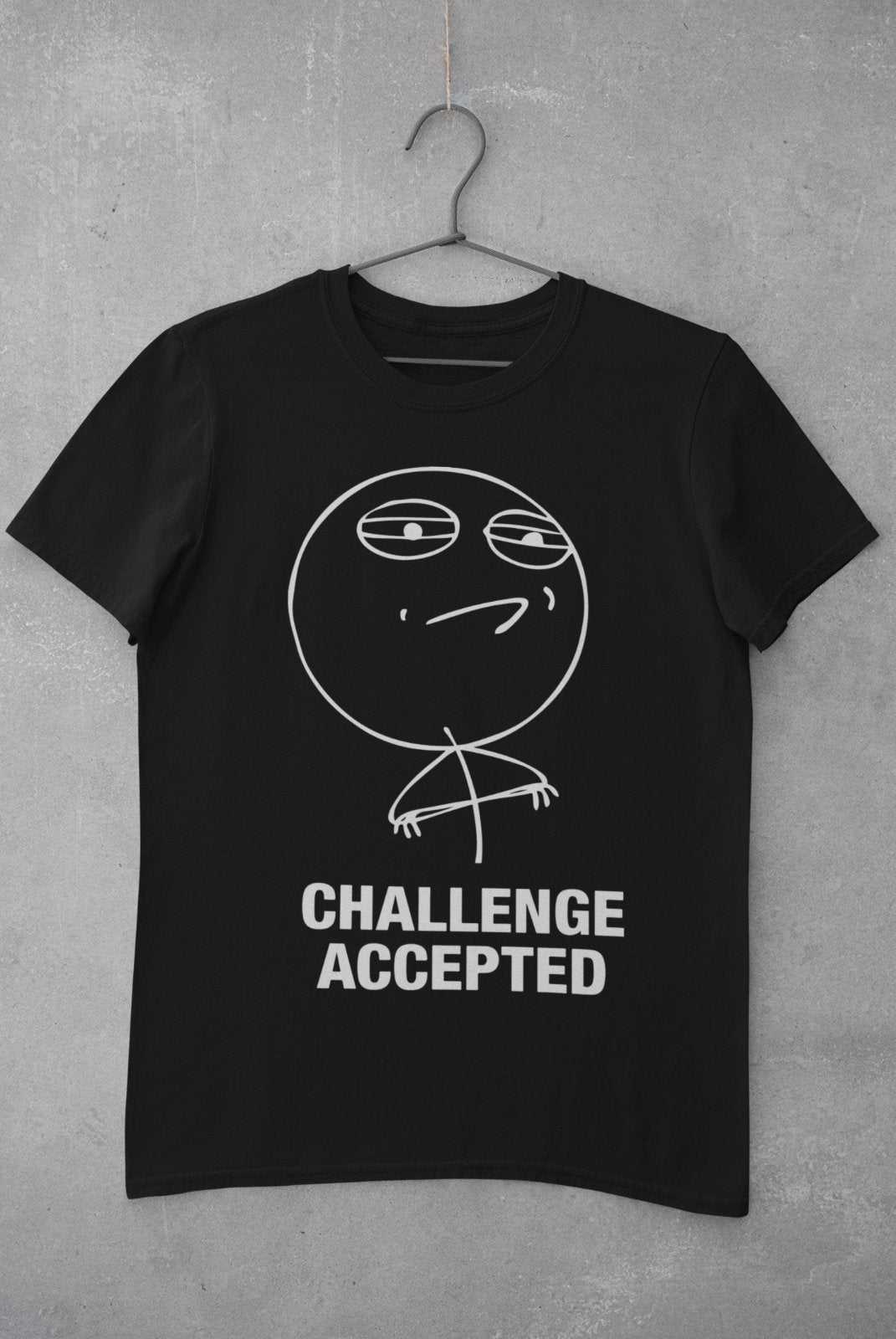 Funny Meme T Shirt CHALLENGE ACCEPTED Novelty Bubble Head Tshirt joke Galaxy Tees