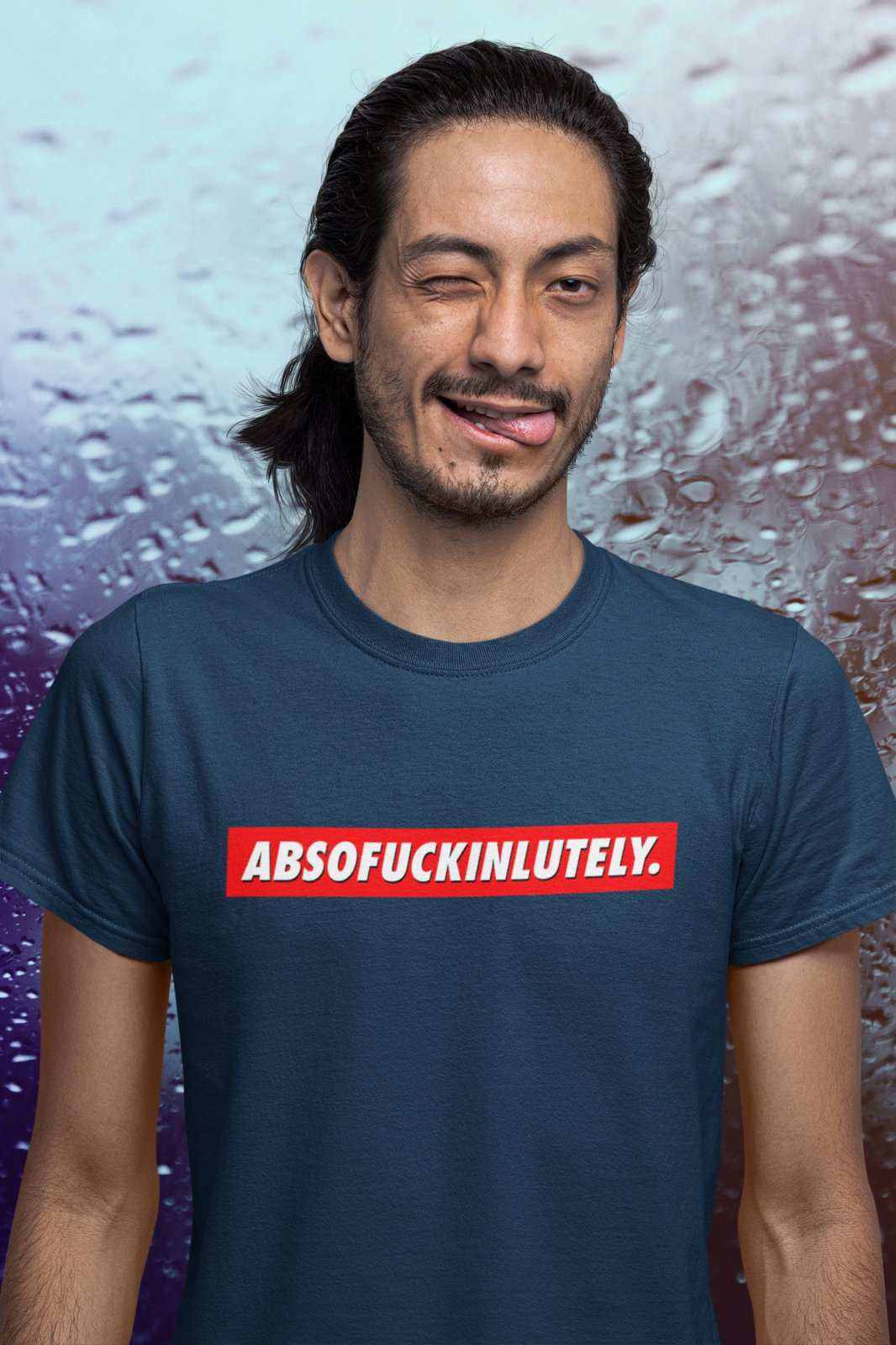 Shirt with "ABSOFUCKINLUTELY" text, unisex fit, semi-combed ringspun cotton, humorous gift idea.