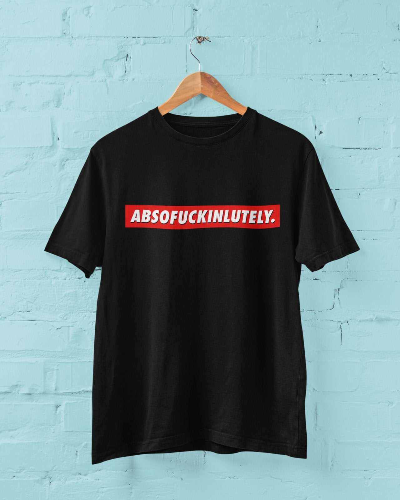 Funny unisex t-shirt with "ABSOFUCKINLUTELY" print, gift idea.