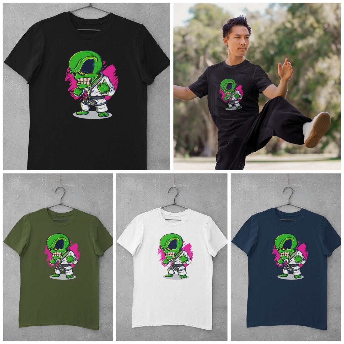 Funny T Shirt Alien Karate Novelty Martial Arts UFO Cartoon Kung Fu JoGalaxy Tees