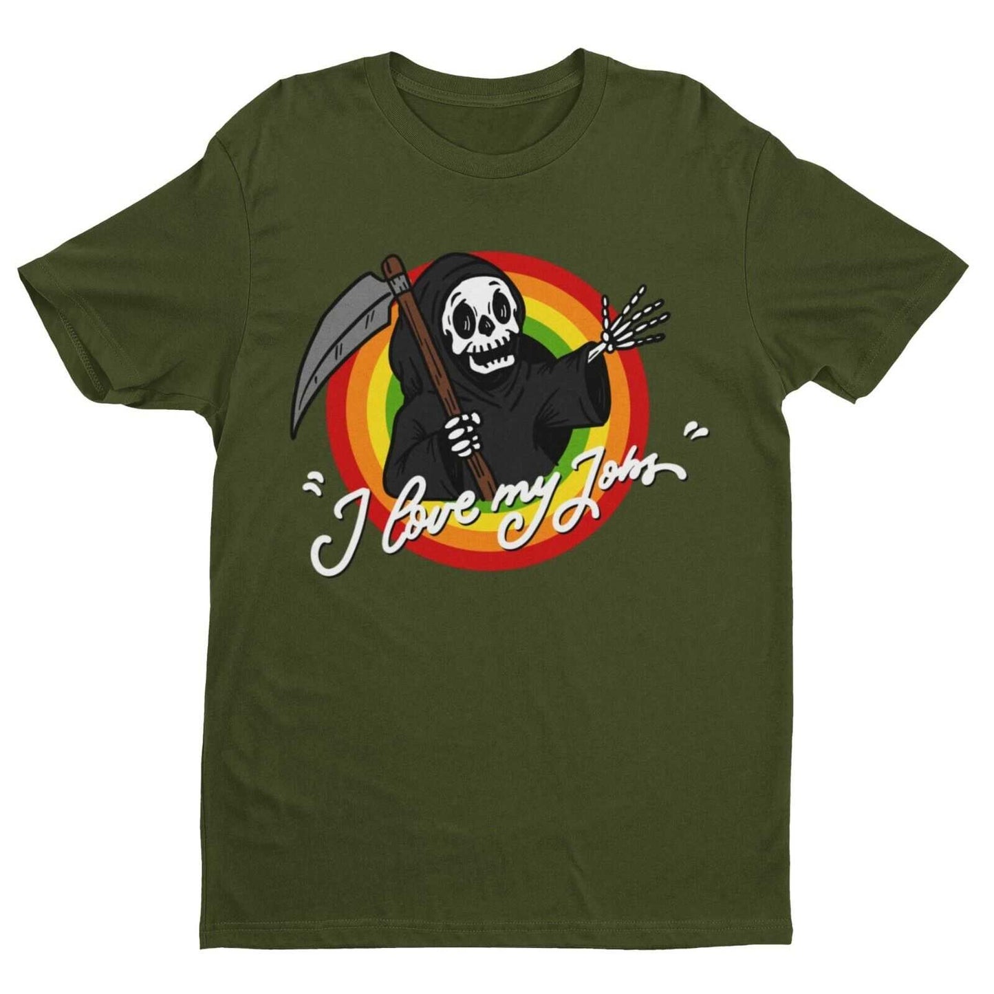 Funny T Shirt DEATH I LOVE MY JOBS Grim Reaper Skull Joke Scythe CartoGalaxy Tees