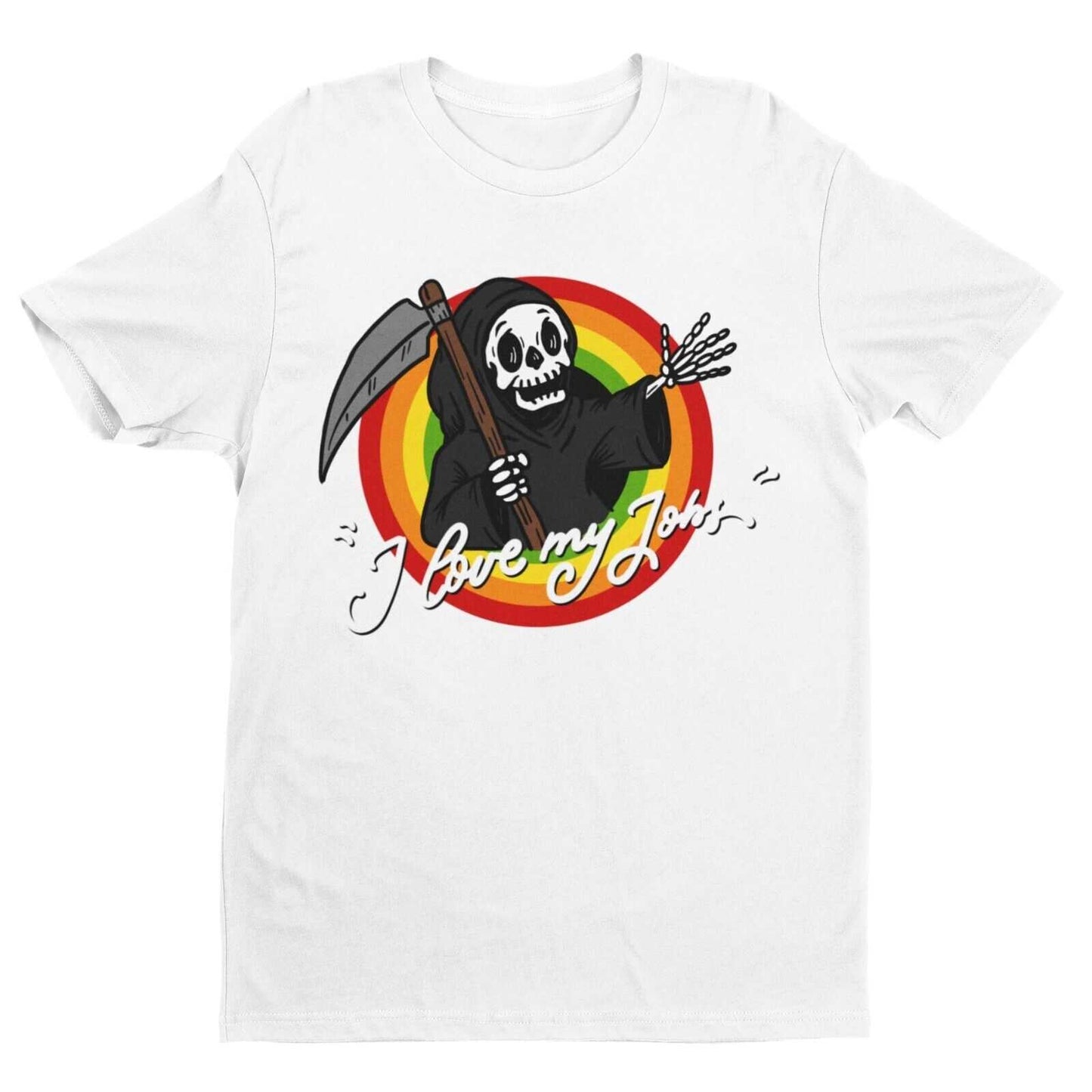 Funny T Shirt DEATH I LOVE MY JOBS Grim Reaper Skull Joke Scythe CartoGalaxy Tees