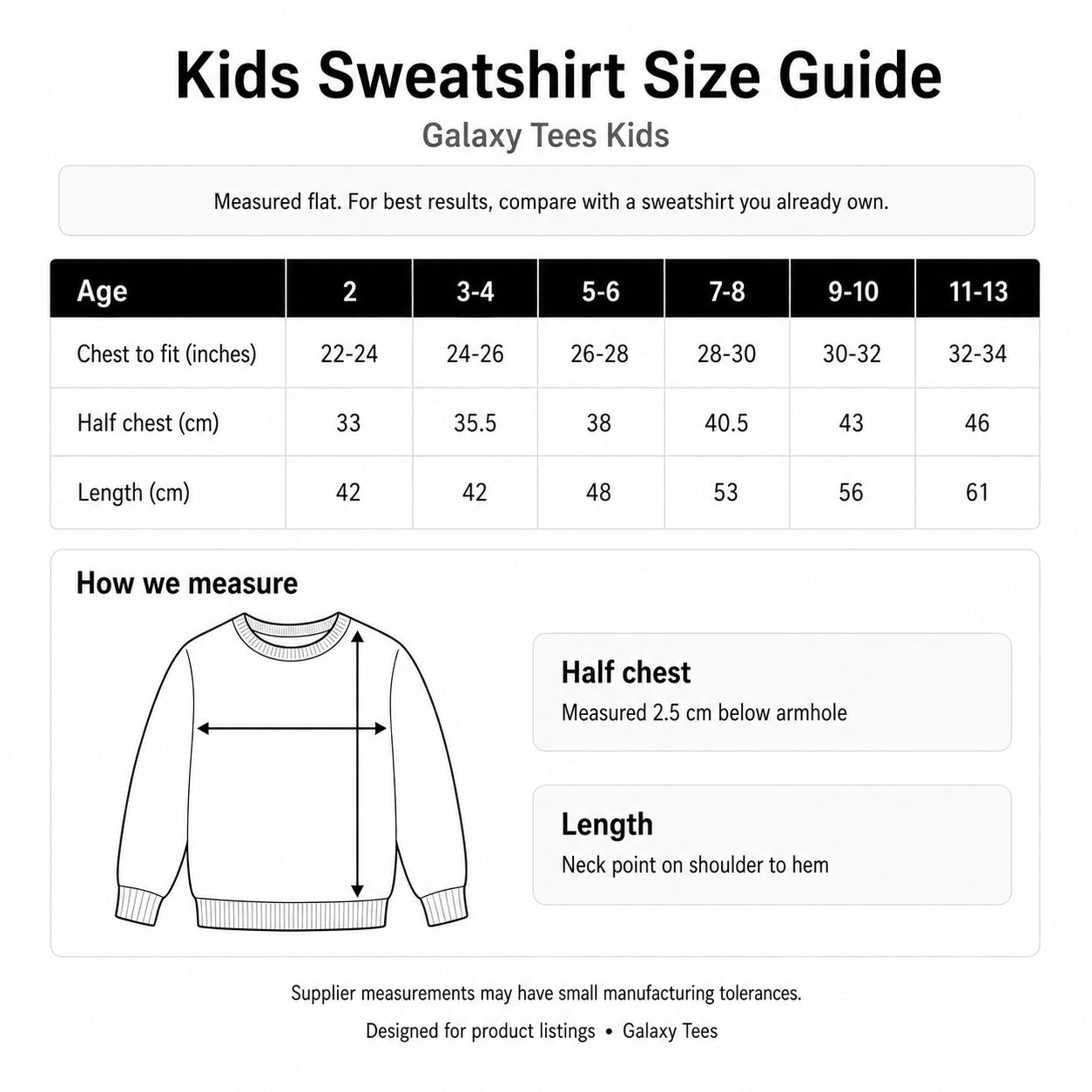 Galaxy Tees Kids Sweatshirt size guide