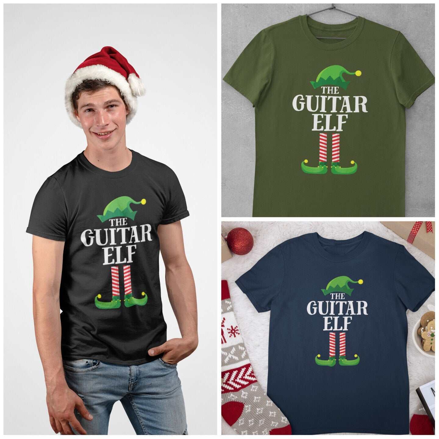 Guitar Themed Christmas Xmas T Shirt Guitar Elf Guitarist Musician FunGalaxy Tees